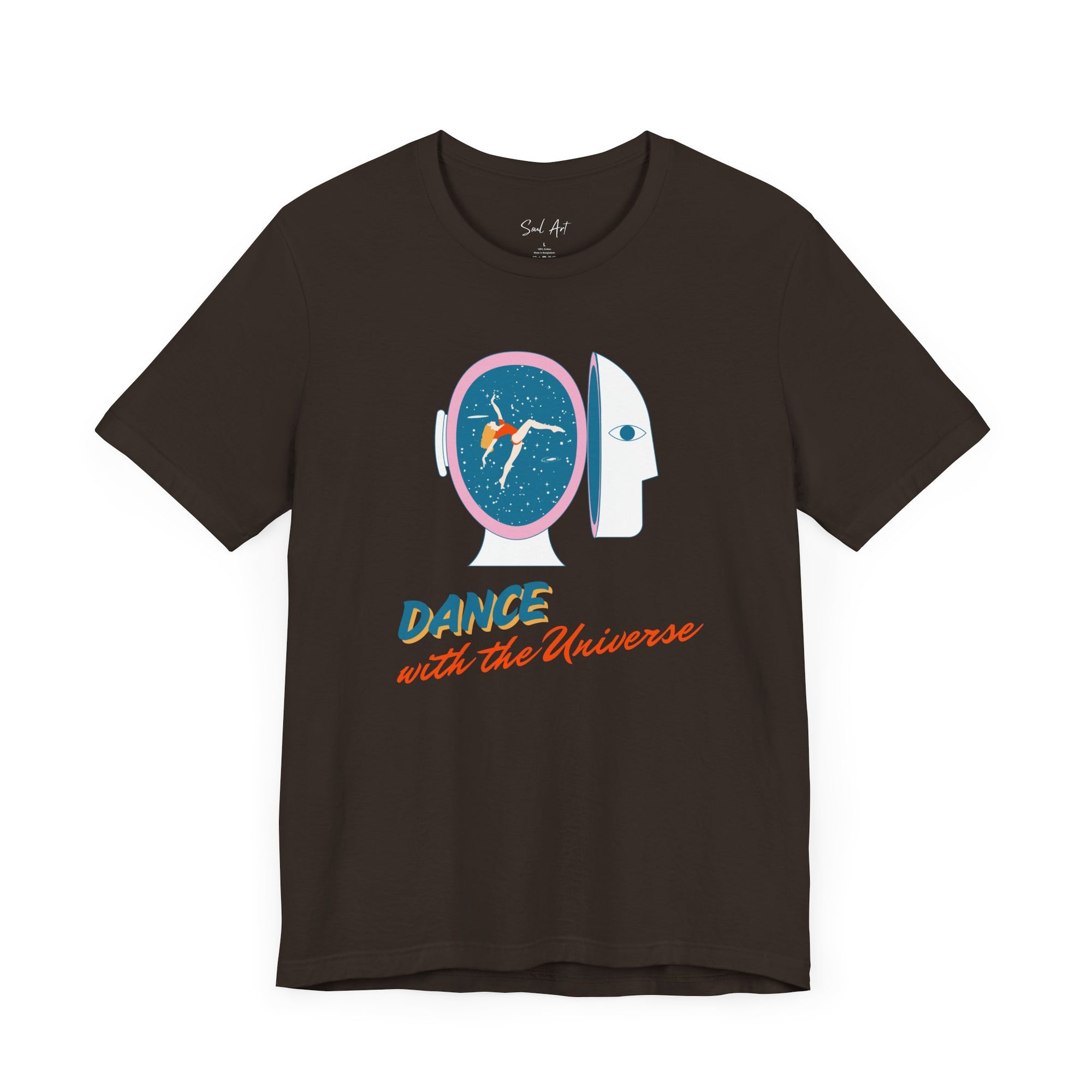 Dance with the Universe t-shirt featuring an artistic design of a dancer in a cosmic setting by Soul Art.