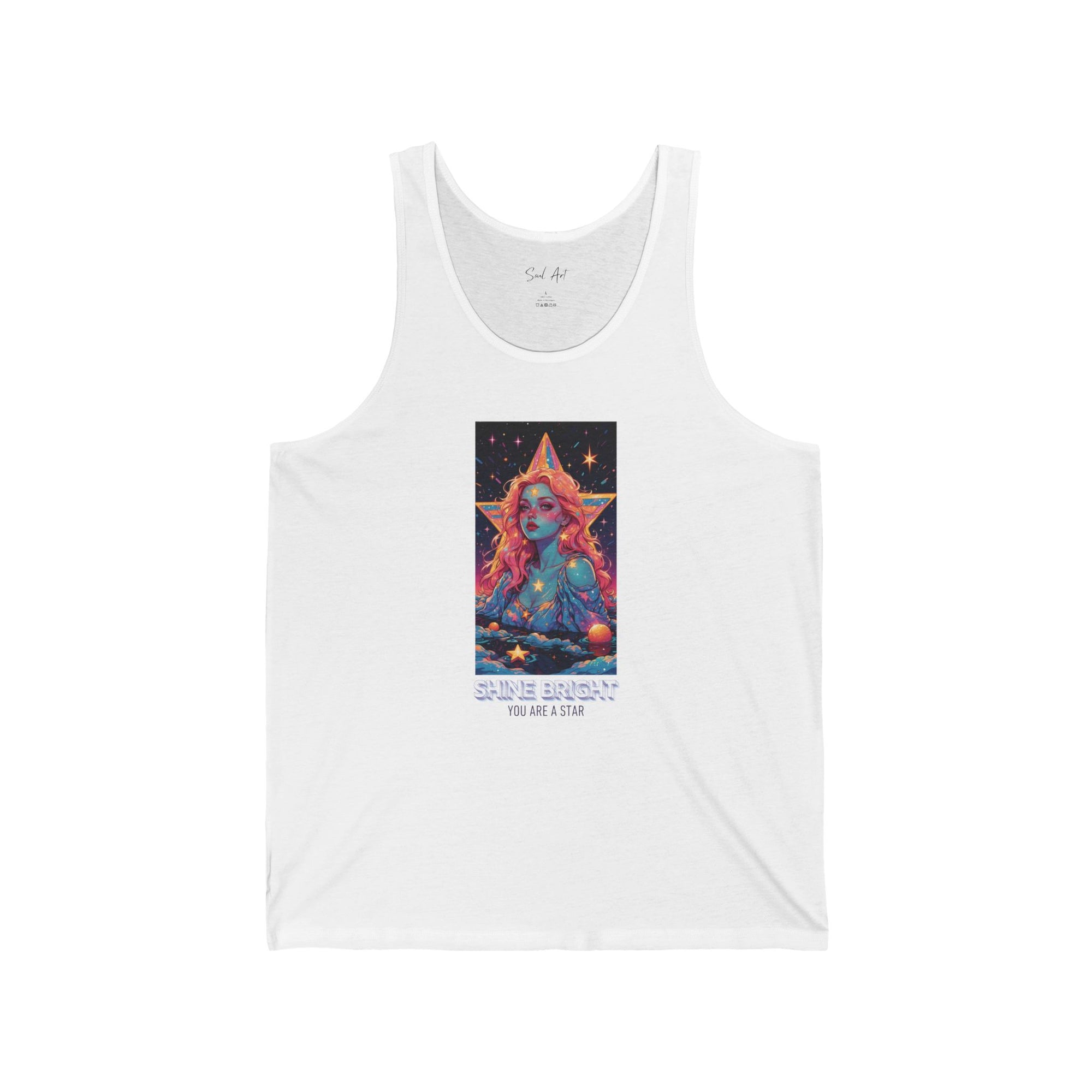 A bold crisp white tank top featuring a vibrant, cosmic-inspired design of a radiant figure surrounded by stars, accompanied by the uplifting phrase 'Shine Bright, You Are a Star.' This piece celebrates individuality and encourages you to embrace your inner light.