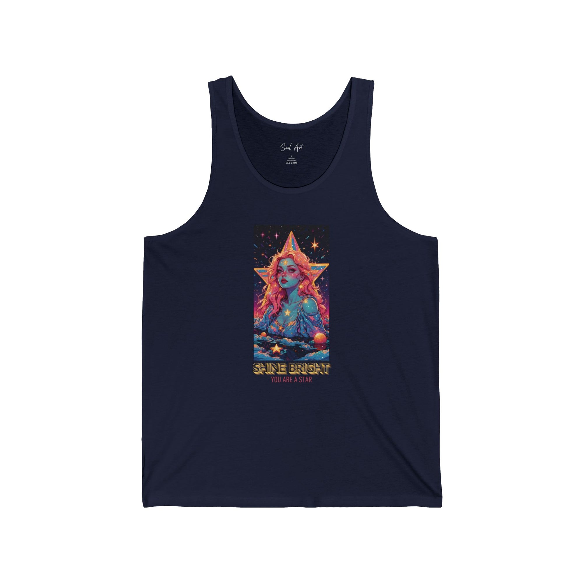 A bold navy blue tank top featuring a vibrant, cosmic-inspired design of a radiant figure surrounded by stars, accompanied by the uplifting phrase 'Shine Bright, You Are a Star.' This piece celebrates individuality and encourages you to embrace your inner light.
