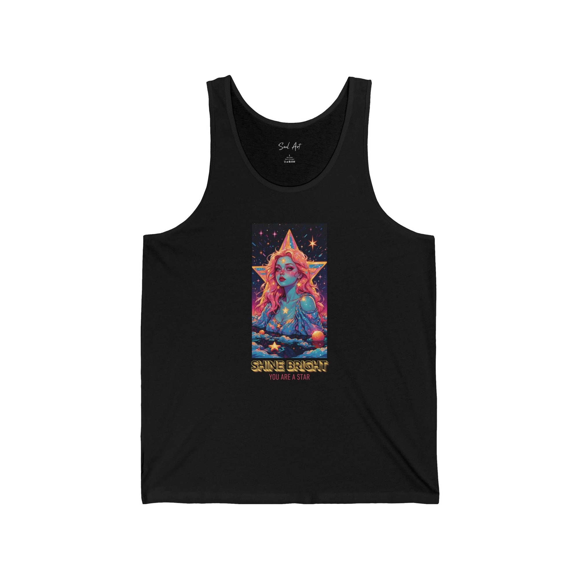 A bold black tank top featuring a vibrant, cosmic-inspired design of a radiant figure surrounded by stars, accompanied by the uplifting phrase 'Shine Bright, You Are a Star.' This piece celebrates individuality and encourages you to embrace your inner light.