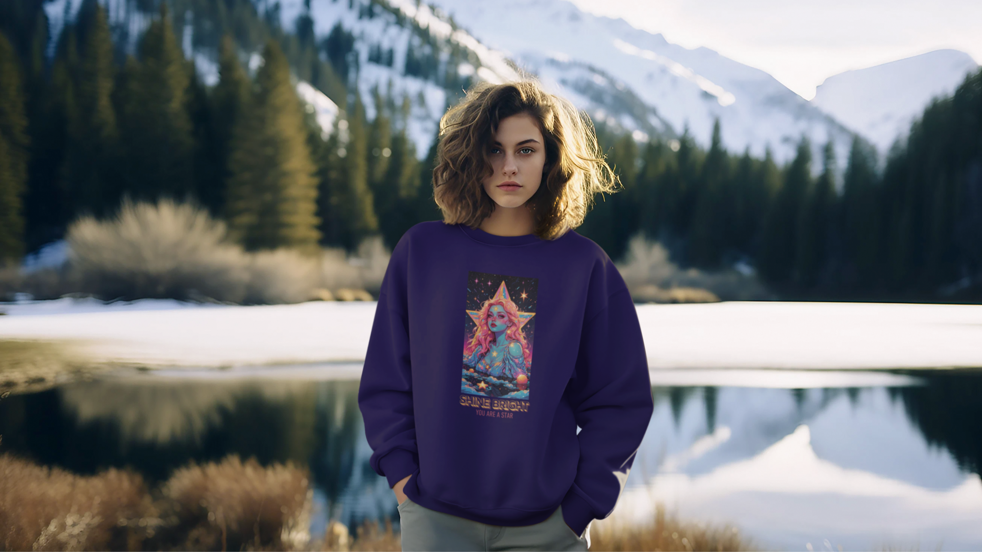 A beautiful woman wearing a purple sweatshirt with the Soul Art graphic design in a snowy landscape