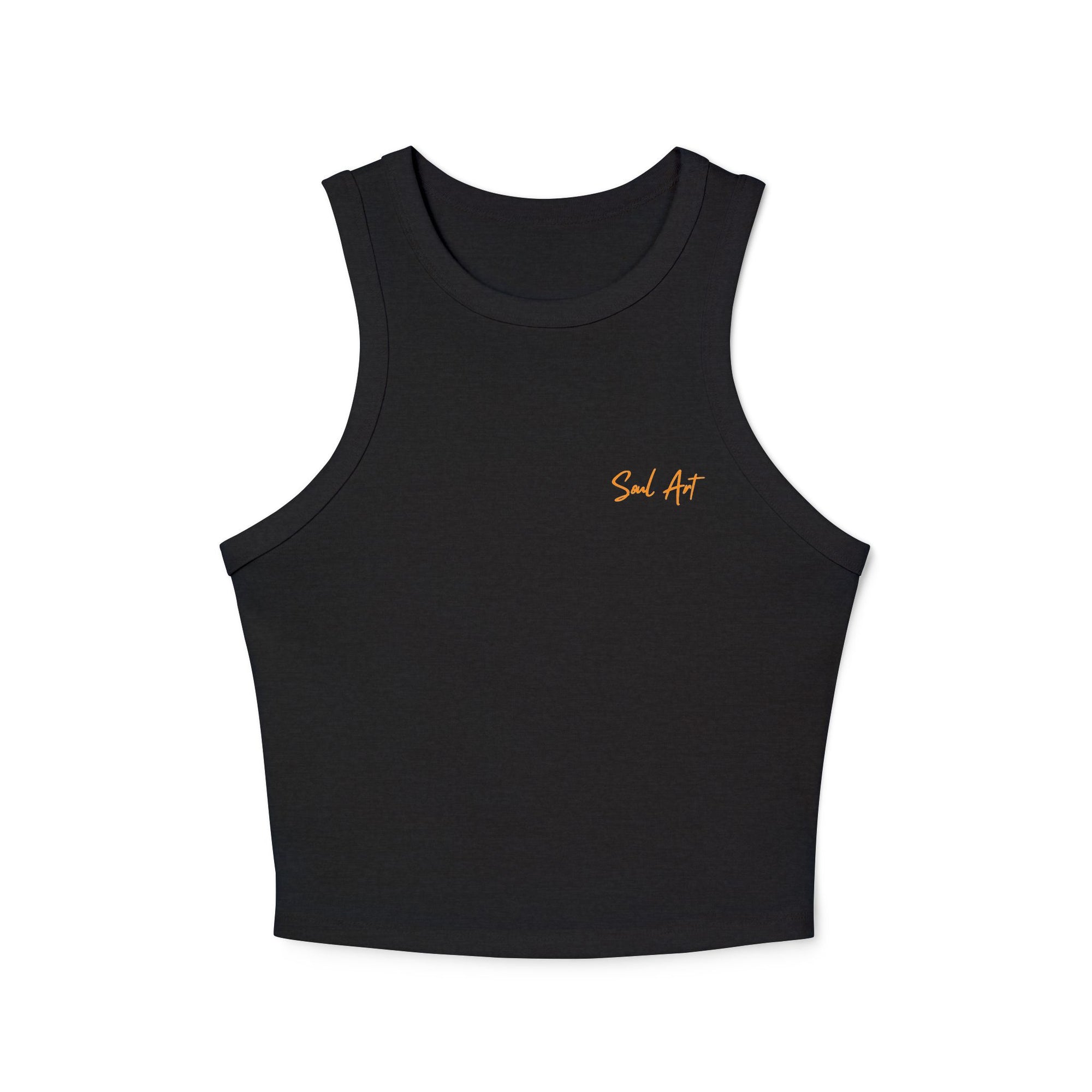 A chic black cropped tank top featuring the elegant 'Soul Art' logo in a vibrant orange font on the chest. This minimalist design exudes sophistication while celebrating creativity and individuality.
