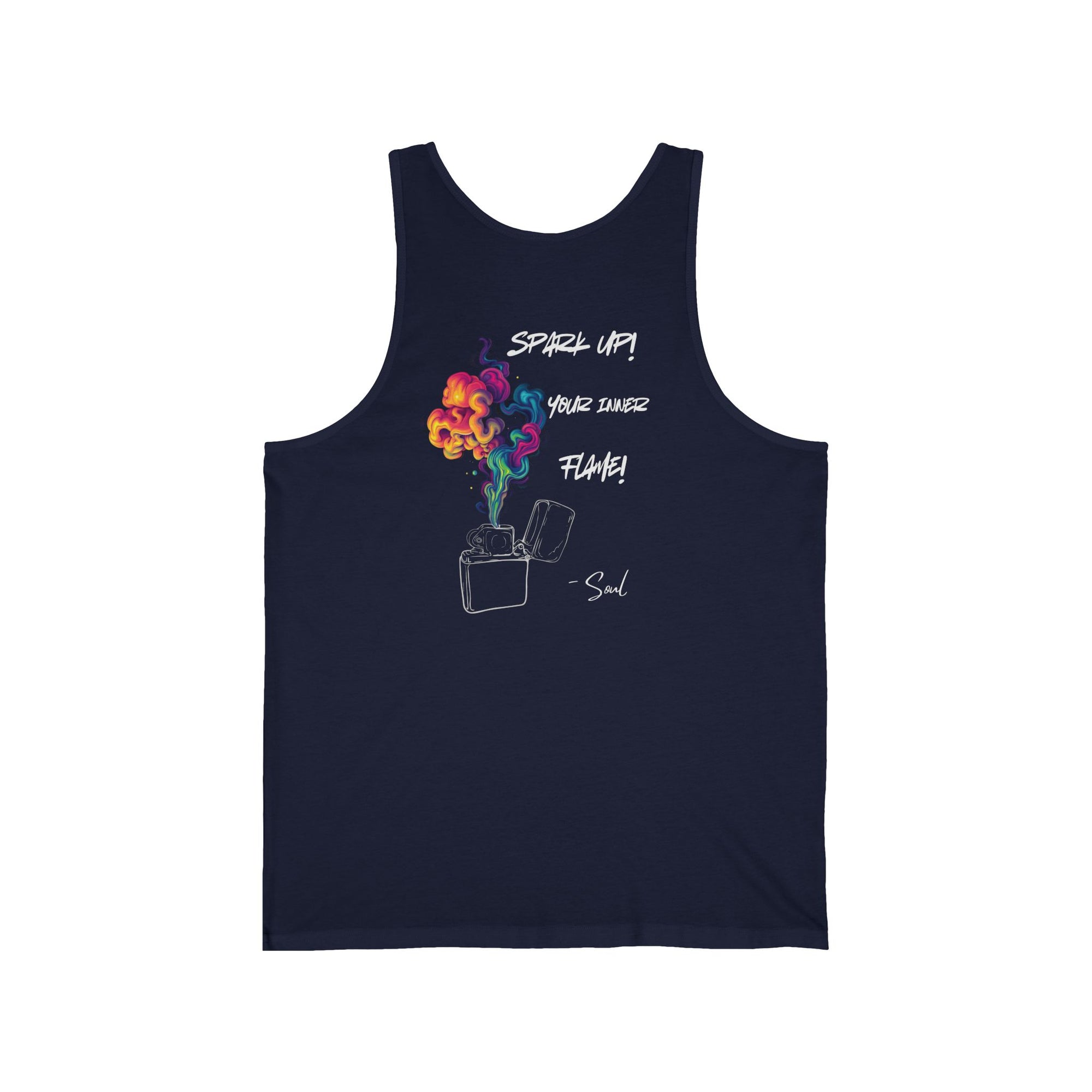 A minimalist navy blue tank top featuring a small yet vibrant design of a figure holding a colorful, fiery burst, symbolizing igniting your inner passion. This 'Spark Up Your Inner Flame' design encourages self-expression and embracing your unique energy.