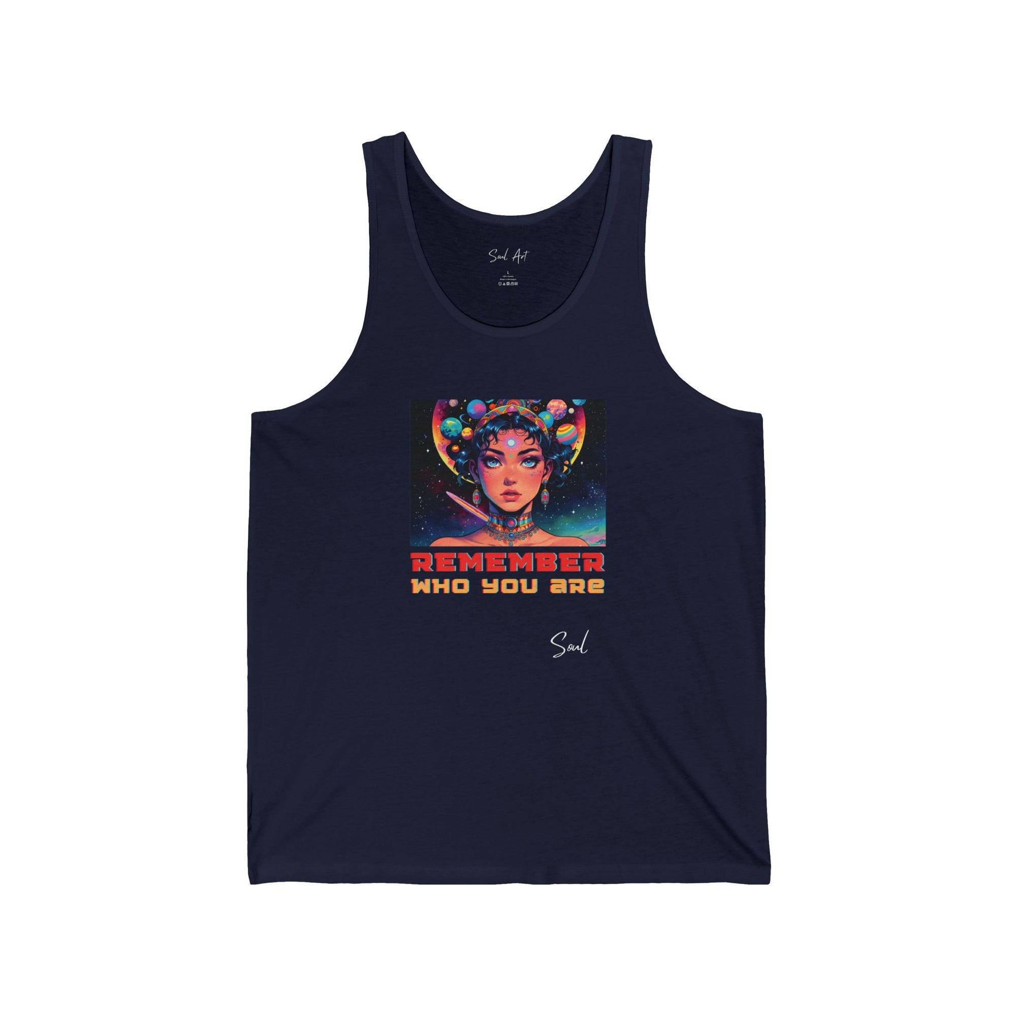 "A sleek Navy Blue tank top featuring a bold, colorful design of a cosmic figure with the empowering phrase 'Remember Who You Are.' The vibrant artwork and inspiring message make this piece a statement of self-awareness and individuality.
