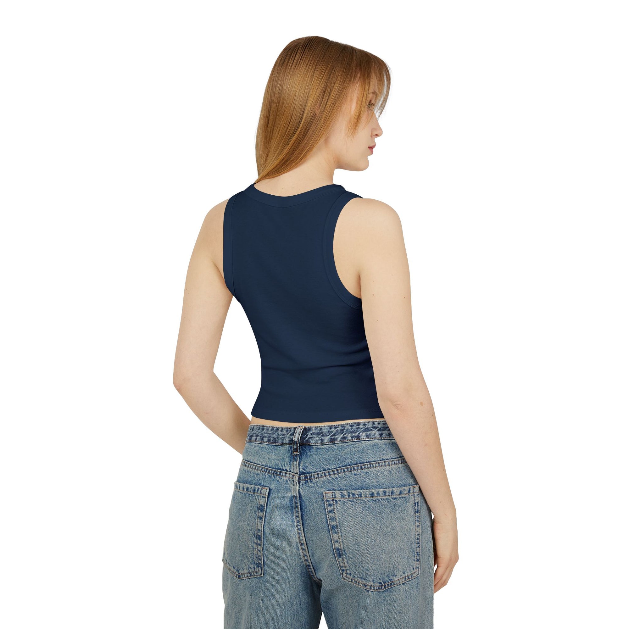 A chic navy blue cropped tank top featuring the elegant 'Soul Art' logo in a vibrant orange font on the chest of a mockup of a girl. This minimalist design exudes sophistication while celebrating creativity and individuality.