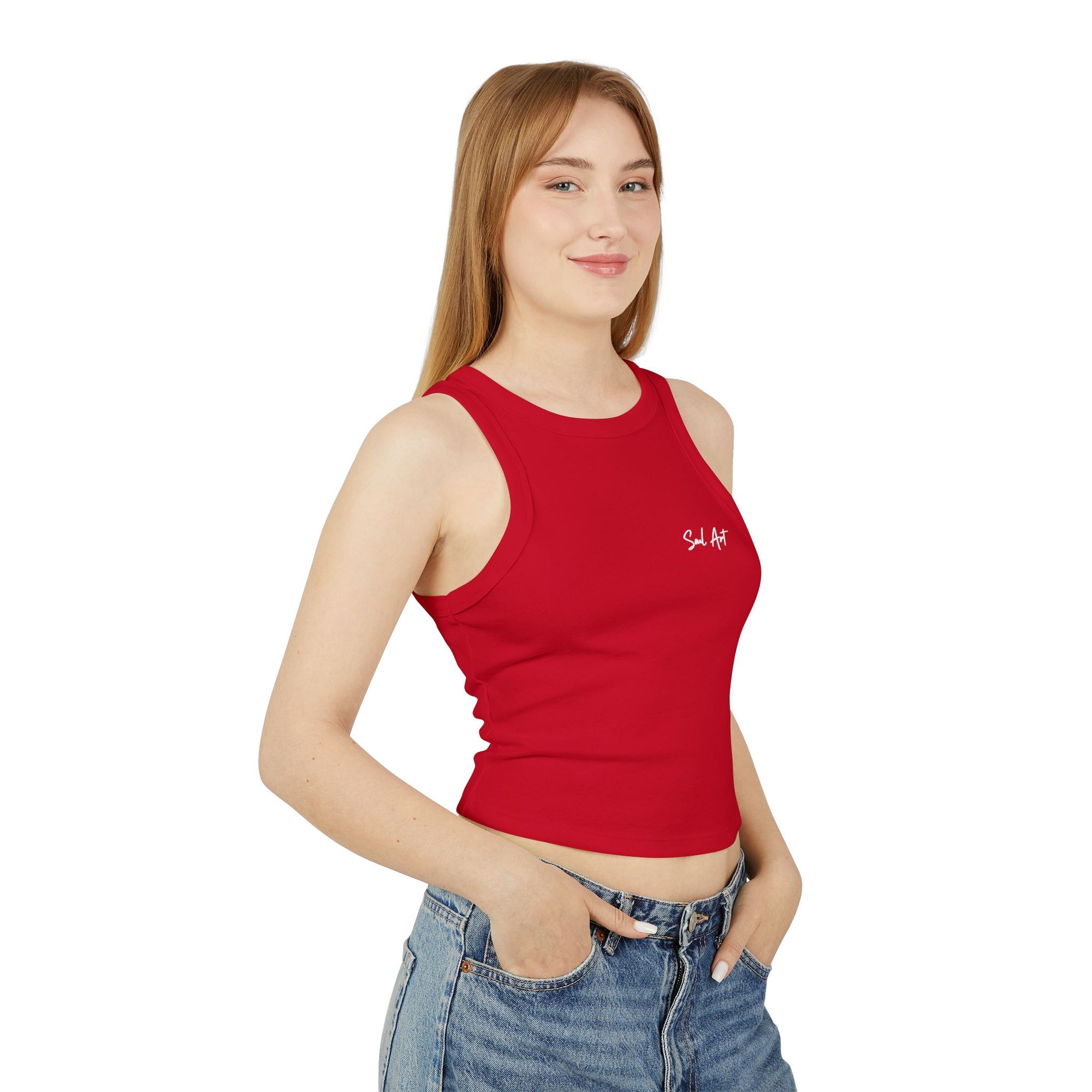 A chic red cropped tank top featuring the elegant 'Soul Art' logo in a vibrant orange font on the chest of a mockup of a girl. This minimalist design exudes sophistication while celebrating creativity and individuality.