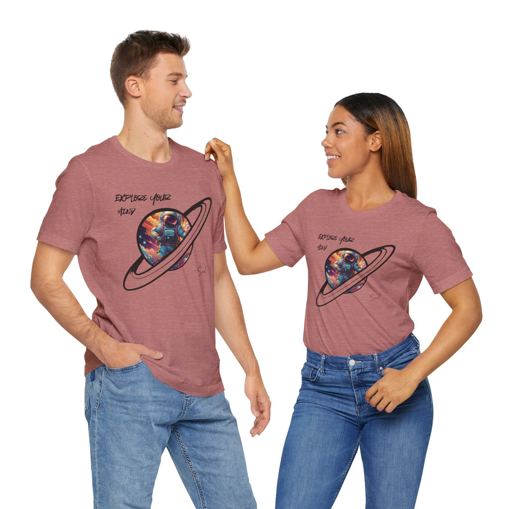 Boho-inspired cotton t-shirt with vibrant astronaut artwork designed by Soul Art.
