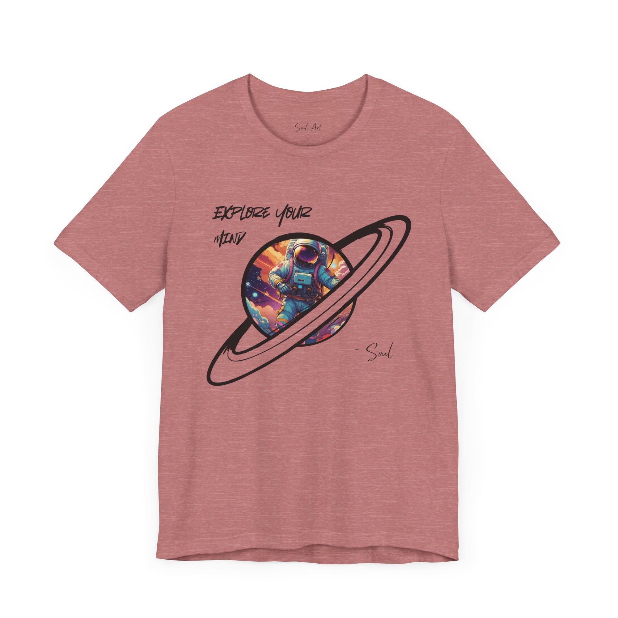 Explore Your Mind t-shirt with astronaut and planet design by Soul Art.