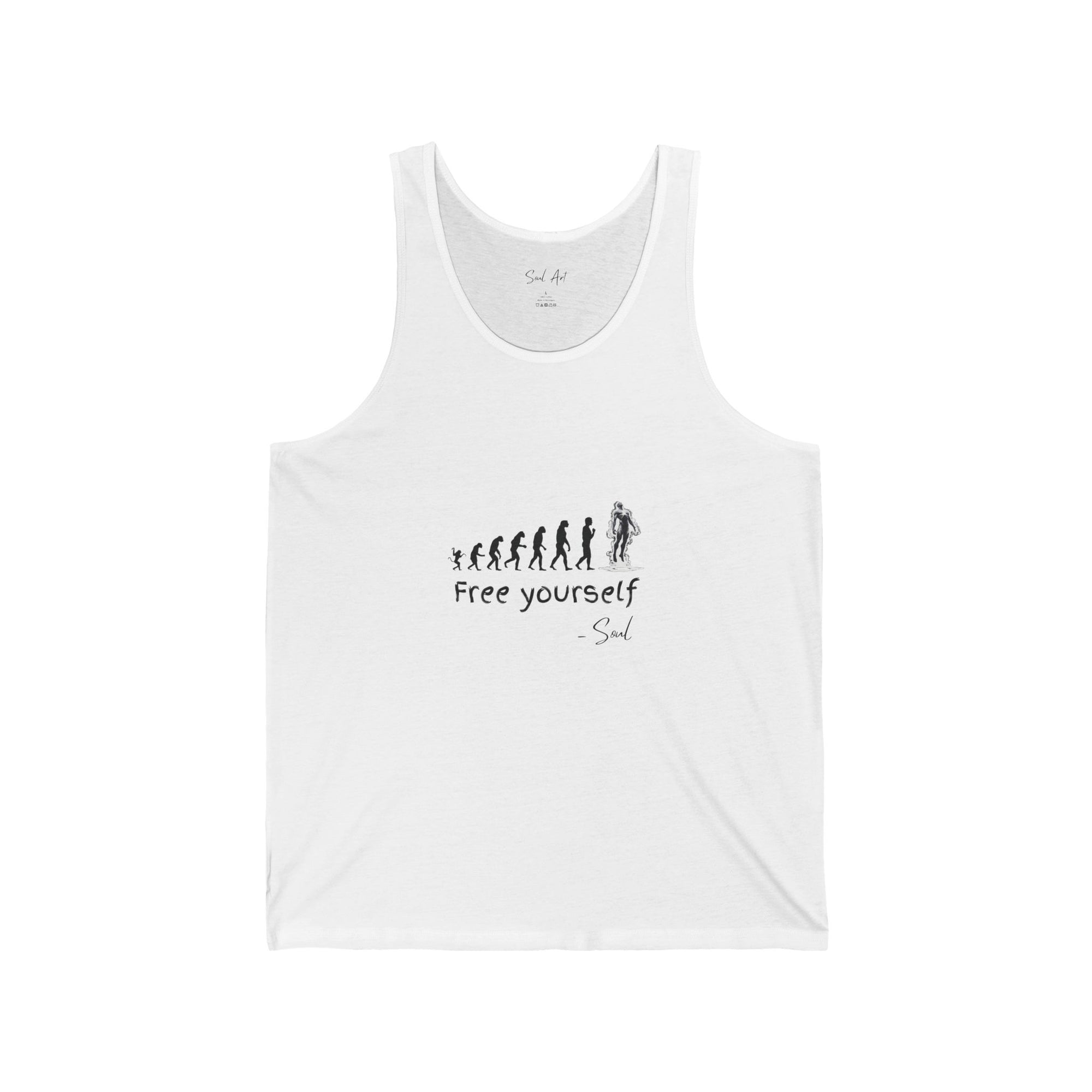 A minimalist white tank top showcasing an evolutionary progression graphic that culminates in a figure breaking free, paired with the empowering phrase 'Free Yourself.' This design symbolizes growth, liberation, and the journey toward self-empowerment.