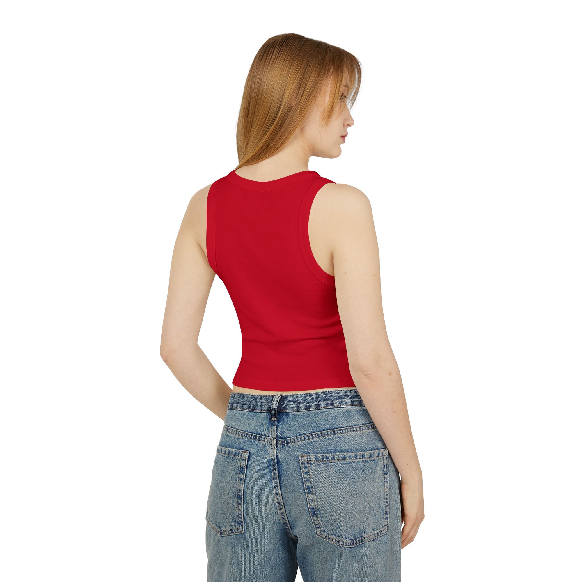A chic red cropped tank top featuring the elegant 'Soul Art' logo in a vibrant orange font on the chest of a mockup of a girl. This minimalist design exudes sophistication while celebrating creativity and individuality.