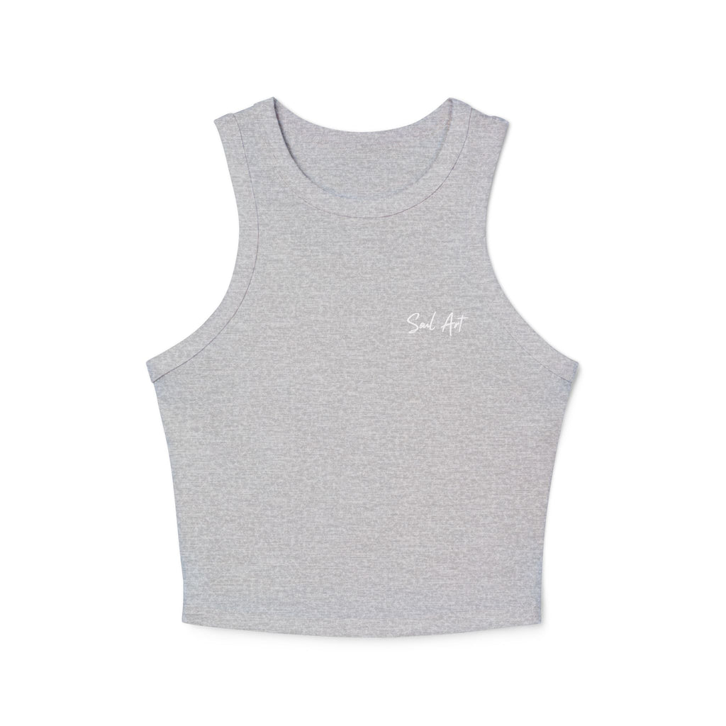 A chic gray cropped tank top featuring the elegant 'Soul Art' logo in a vibrant orange font on the chest. This minimalist design exudes sophistication while celebrating creativity and individuality.