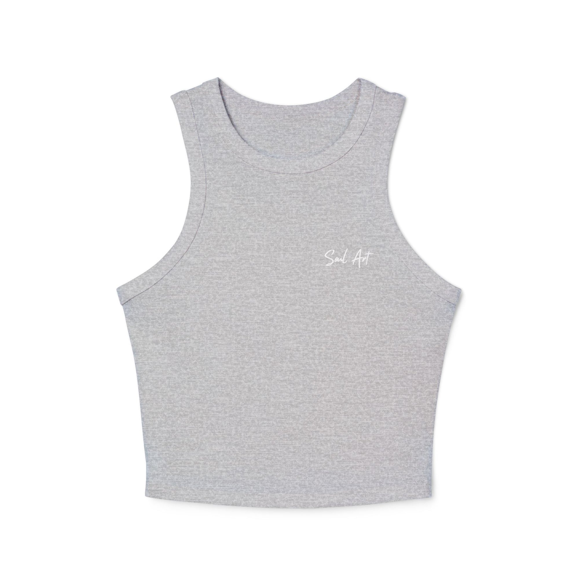A chic gray cropped tank top featuring the elegant 'Soul Art' logo in a vibrant orange font on the chest. This minimalist design exudes sophistication while celebrating creativity and individuality.