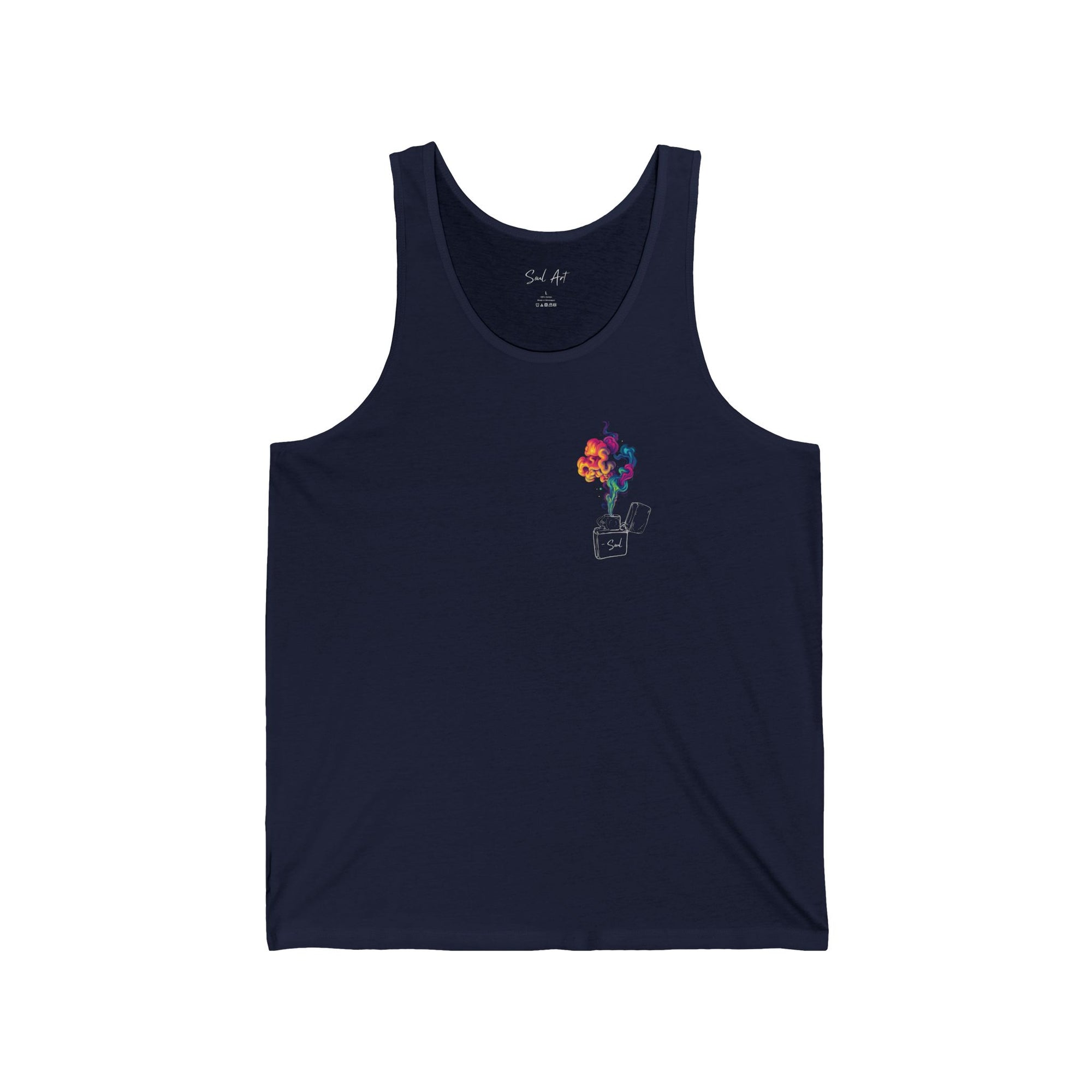 A minimalist navy blue tank top featuring a small yet vibrant design of a figure holding a colorful, fiery burst, symbolizing igniting your inner passion. This 'Spark Up Your Inner Flame' design encourages self-expression and embracing your unique energy.
