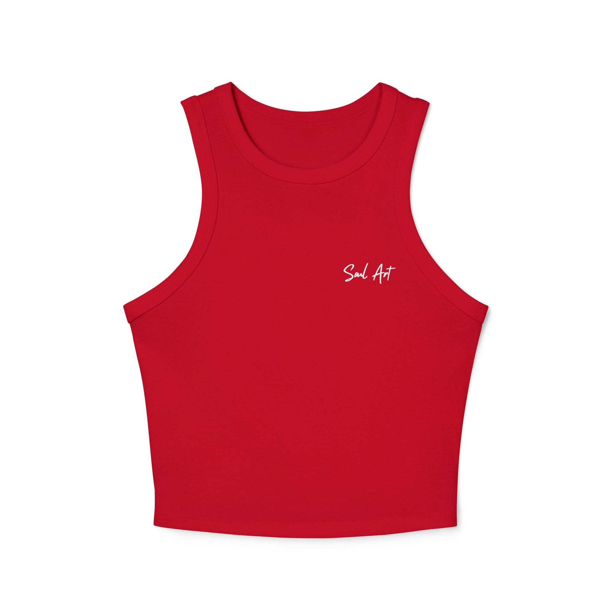A chic red cropped tank top featuring the elegant 'Soul Art' logo in a vibrant orange font on the chest. This minimalist design exudes sophistication while celebrating creativity and individuality.