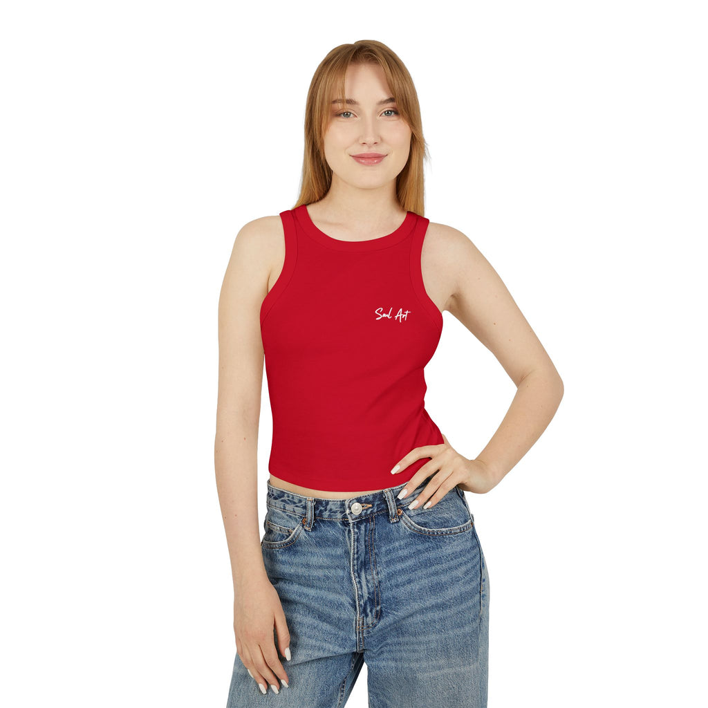 A chic red cropped tank top featuring the elegant 'Soul Art' logo in a vibrant orange font on the chest of a mockup of a girl. This minimalist design exudes sophistication while celebrating creativity and individuality.