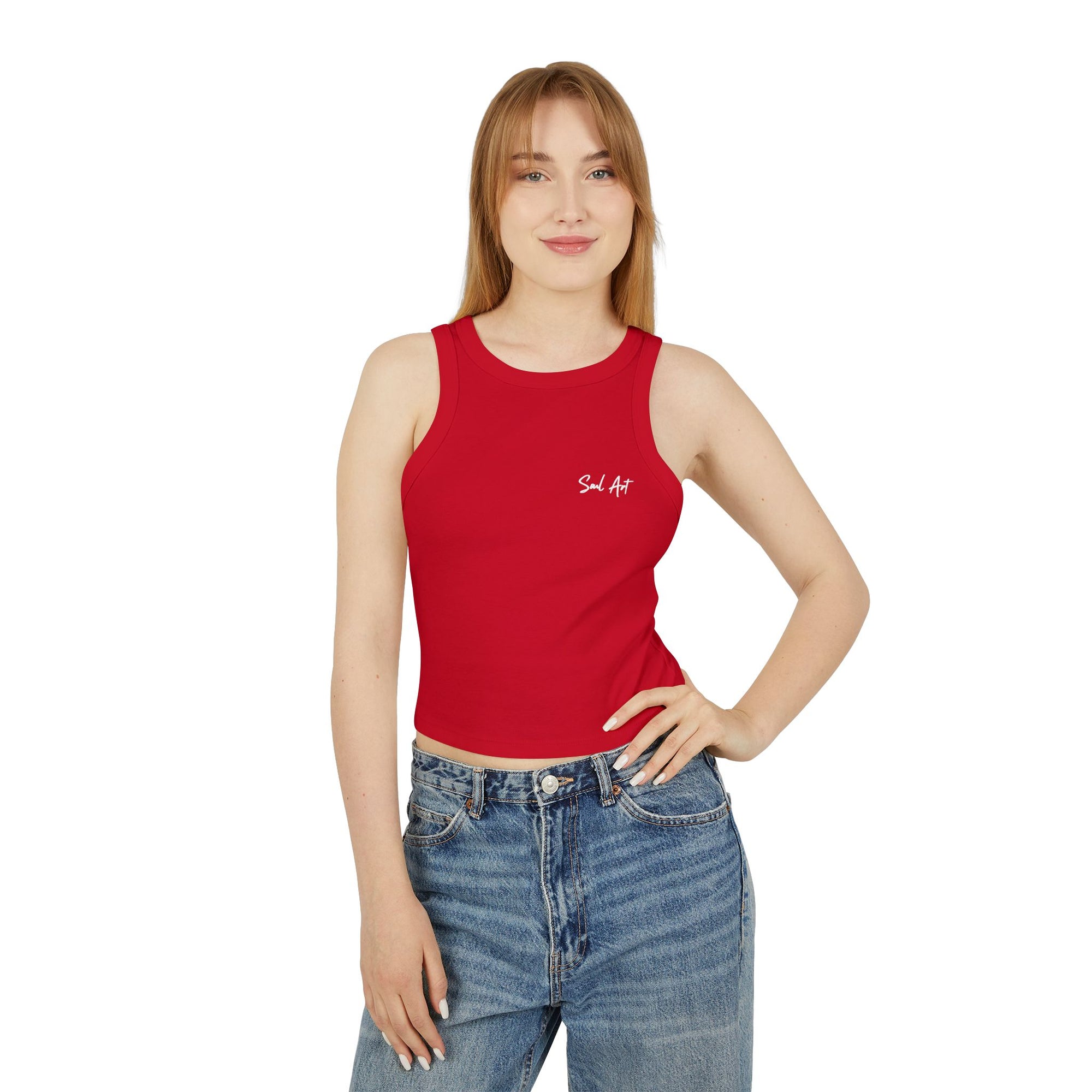 A chic red cropped tank top featuring the elegant 'Soul Art' logo in a vibrant orange font on the chest of a mockup of a girl. This minimalist design exudes sophistication while celebrating creativity and individuality.