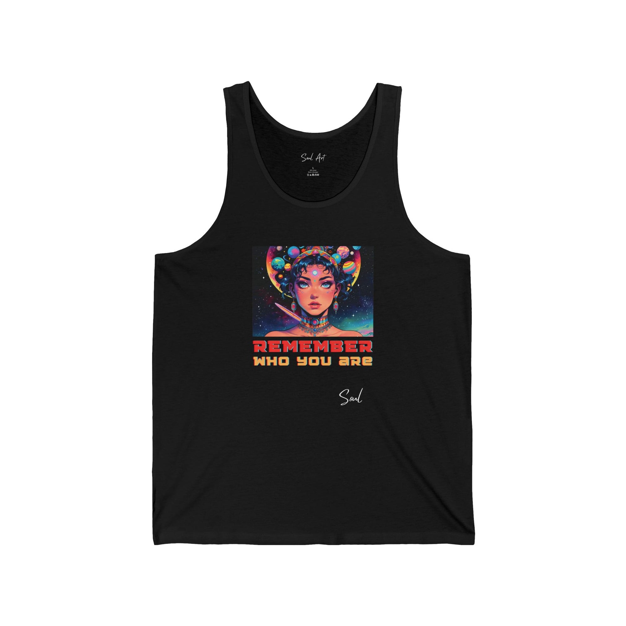 "A sleek black tank top featuring a bold, colorful design of a cosmic figure with the empowering phrase 'Remember Who You Are.' The vibrant artwork and inspiring message make this piece a statement of self-awareness and individuality.