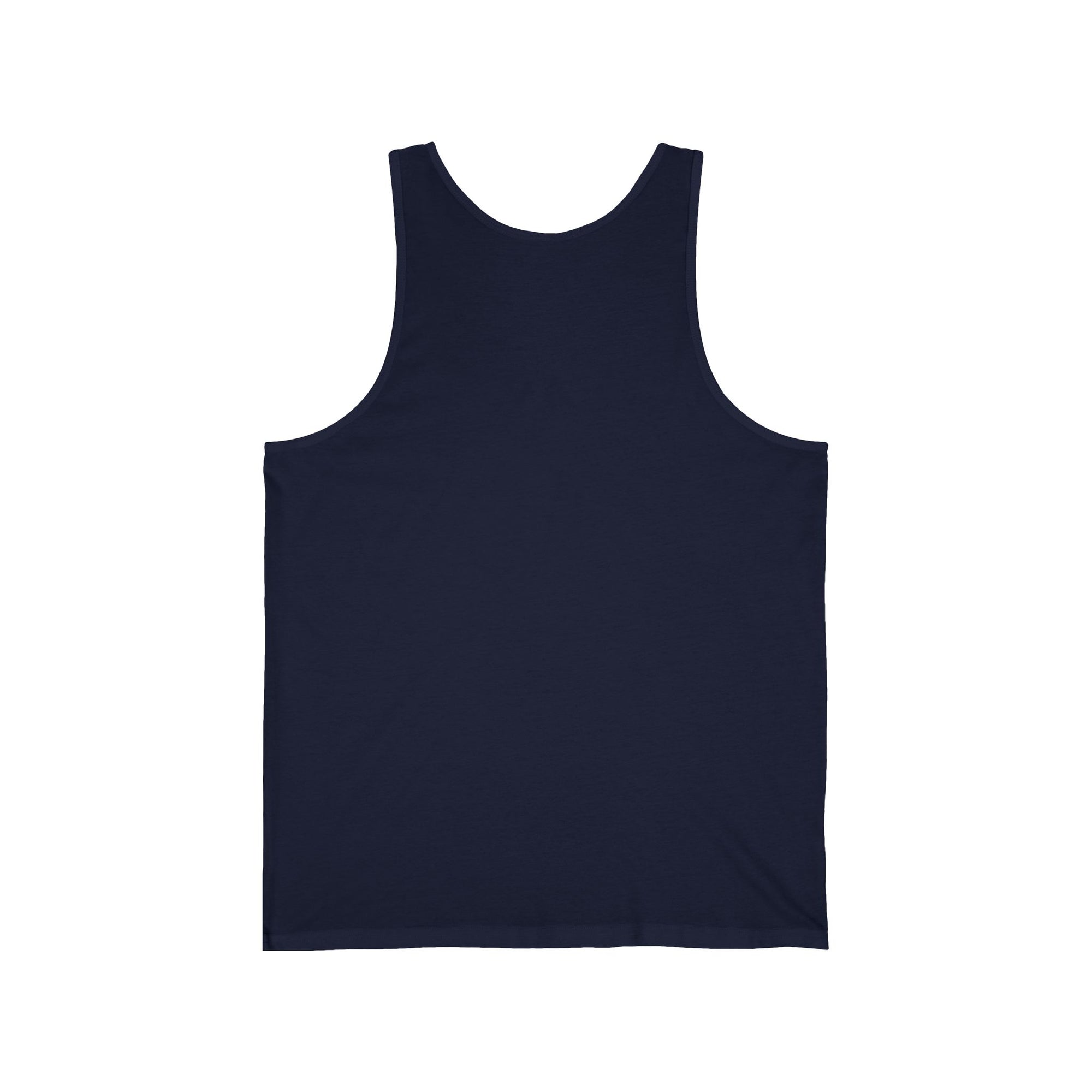 A sleek navy blue tank top showcasing a vibrant, artistic depiction of a skull illuminated with neon hues, paired with a radiant celestial symbol above. This design, titled 'Eternal Soul,' represents the timeless and infinite nature of the human spirit.