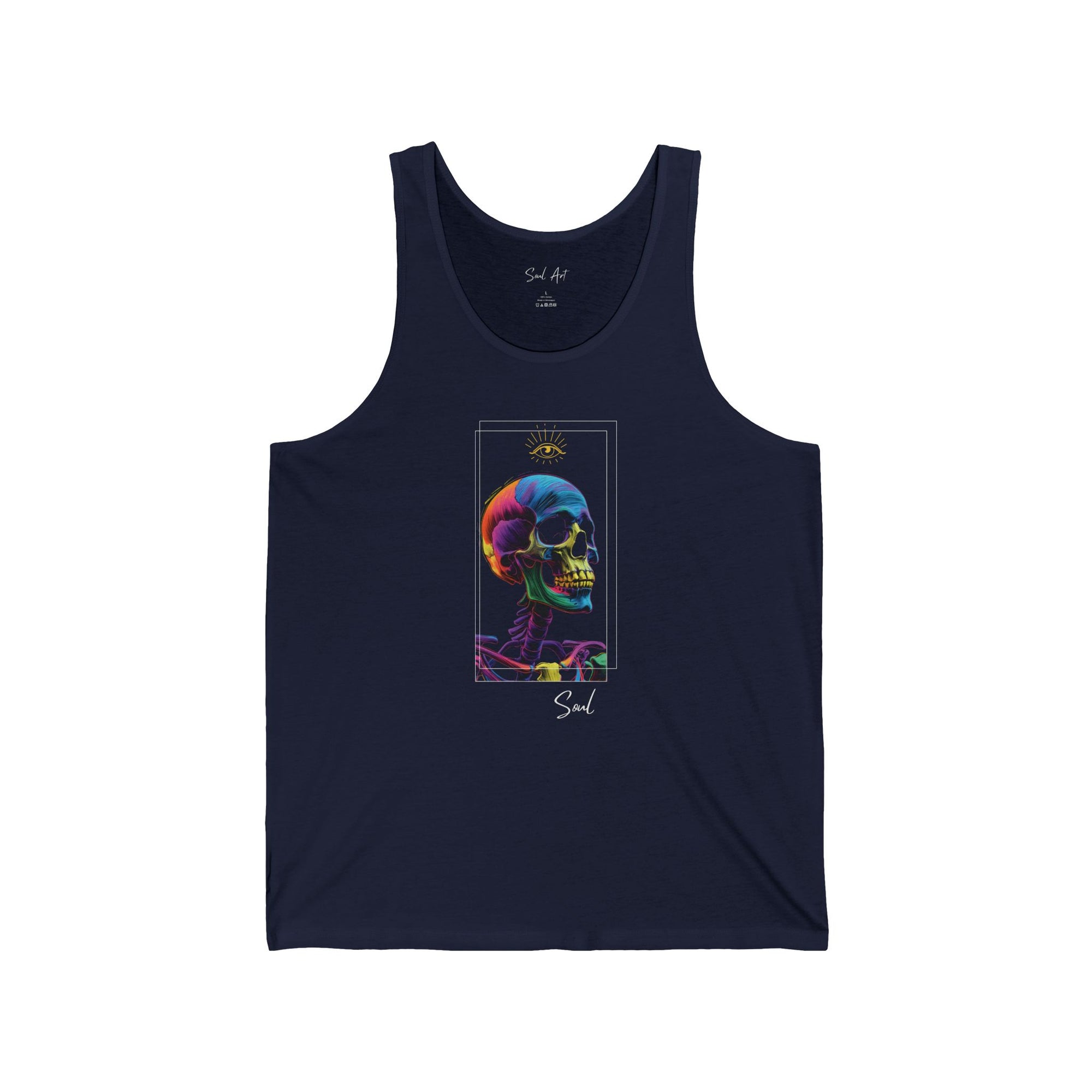 A sleek navy blue tank top showcasing a vibrant, artistic depiction of a skull illuminated with neon hues, paired with a radiant celestial symbol above. This design, titled 'Eternal Soul,' represents the timeless and infinite nature of the human spirit.