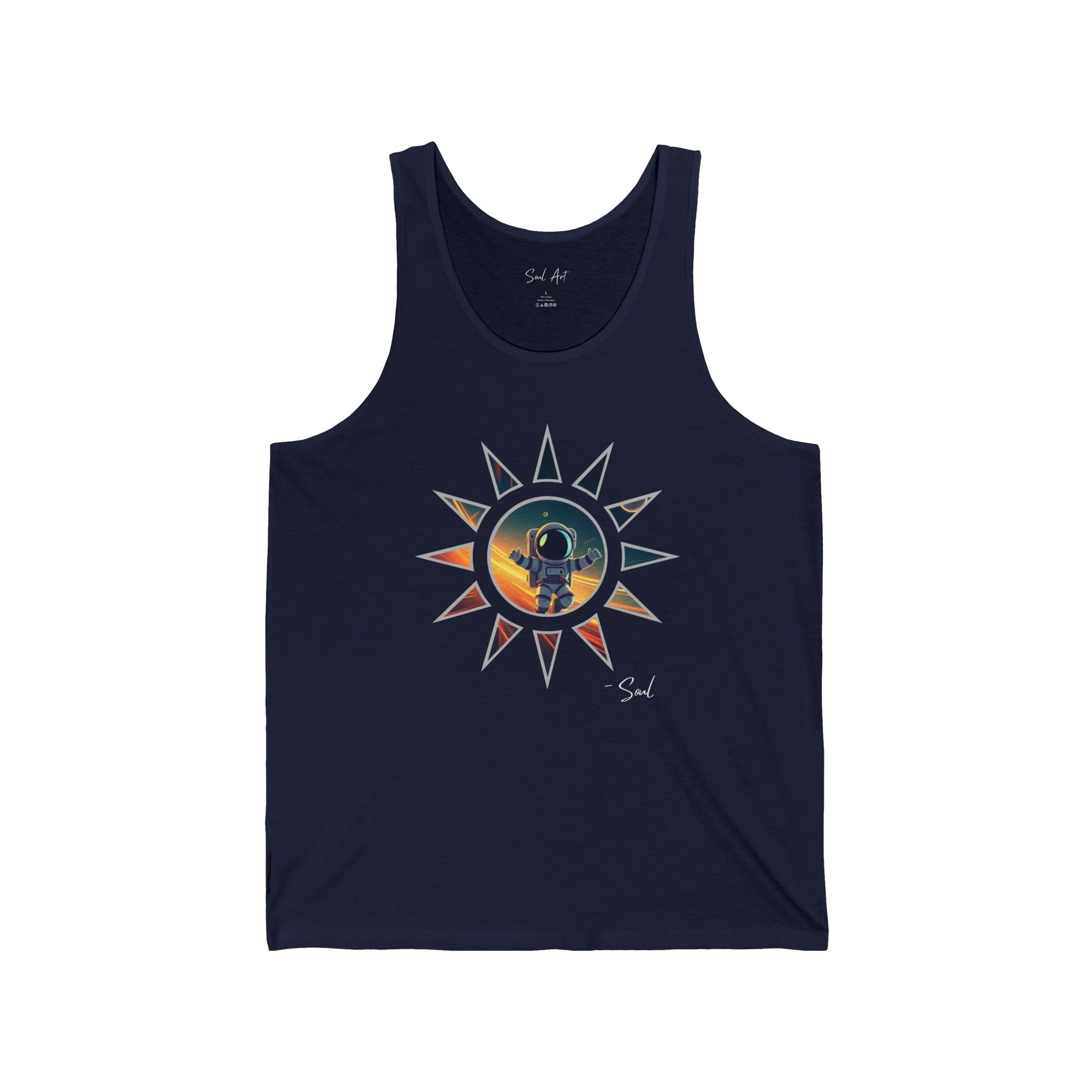 A deep navy tank top featuring a mesmerizing design of a mini astronaut standing within a cosmic sunburst, symbolizing exploration and spirituality. This artistic piece blends celestial wonder with a sense of universal connection, making it both inspiring and stylish.