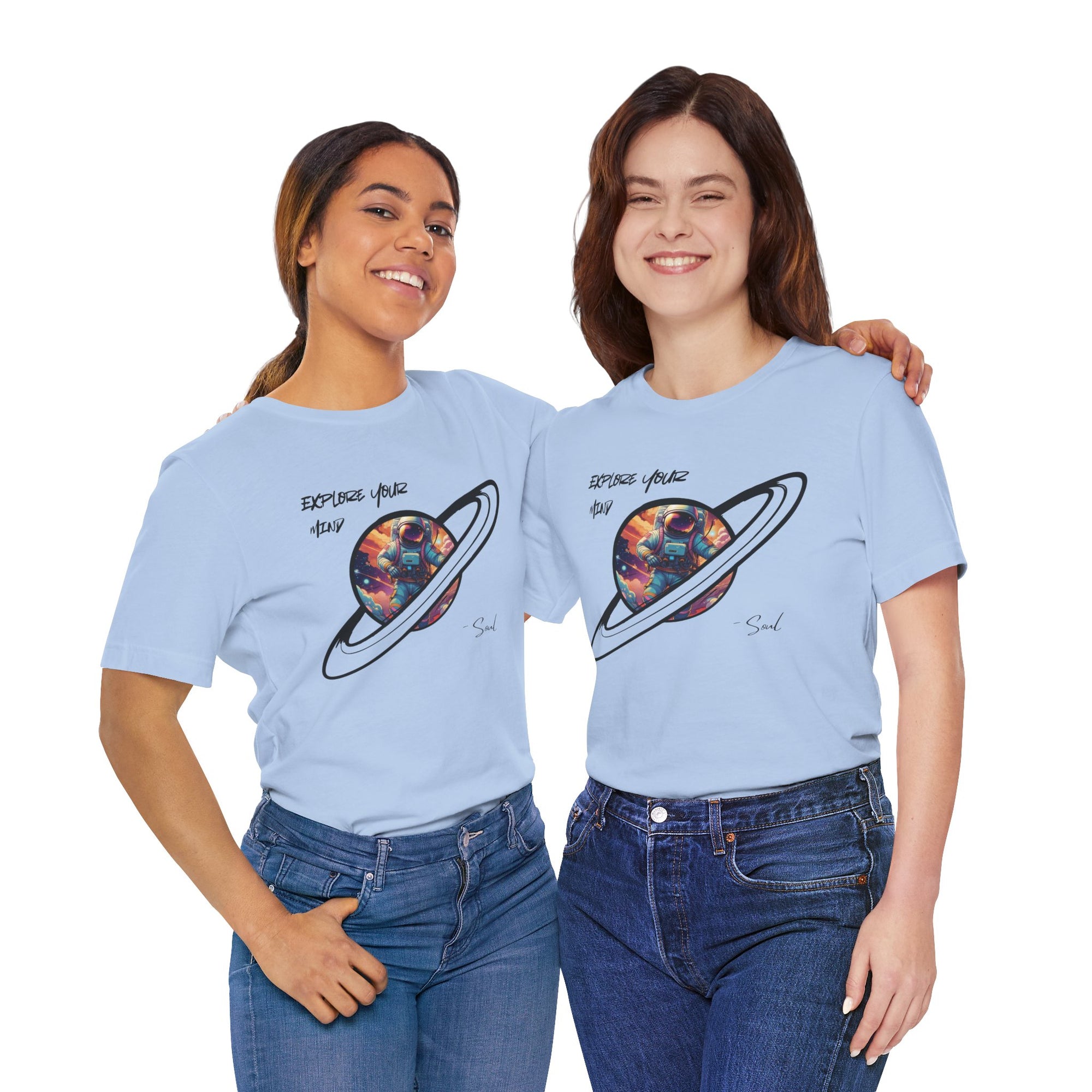 Explore Your Mind t-shirt with astronaut and planet design by Soul Art, looks really good on these girls.