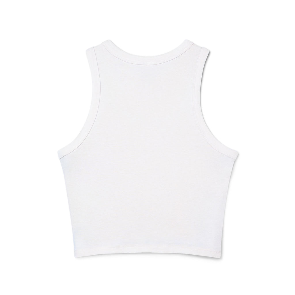A chic white cropped tank top featuring the elegant 'Soul Art' logo in a vibrant orange font on the chest. This minimalist design exudes sophistication while celebrating creativity and individuality.
