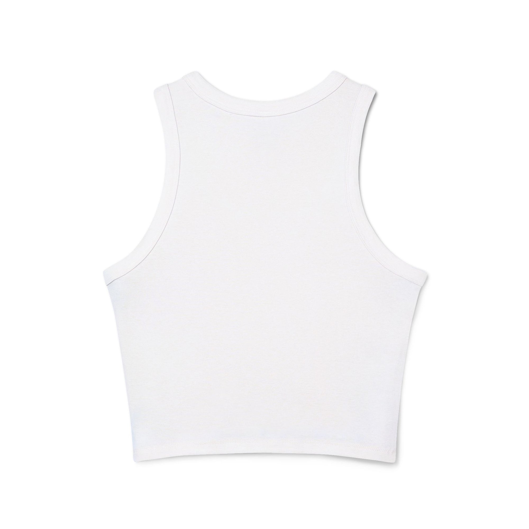 A chic white cropped tank top featuring the elegant 'Soul Art' logo in a vibrant orange font on the chest. This minimalist design exudes sophistication while celebrating creativity and individuality.