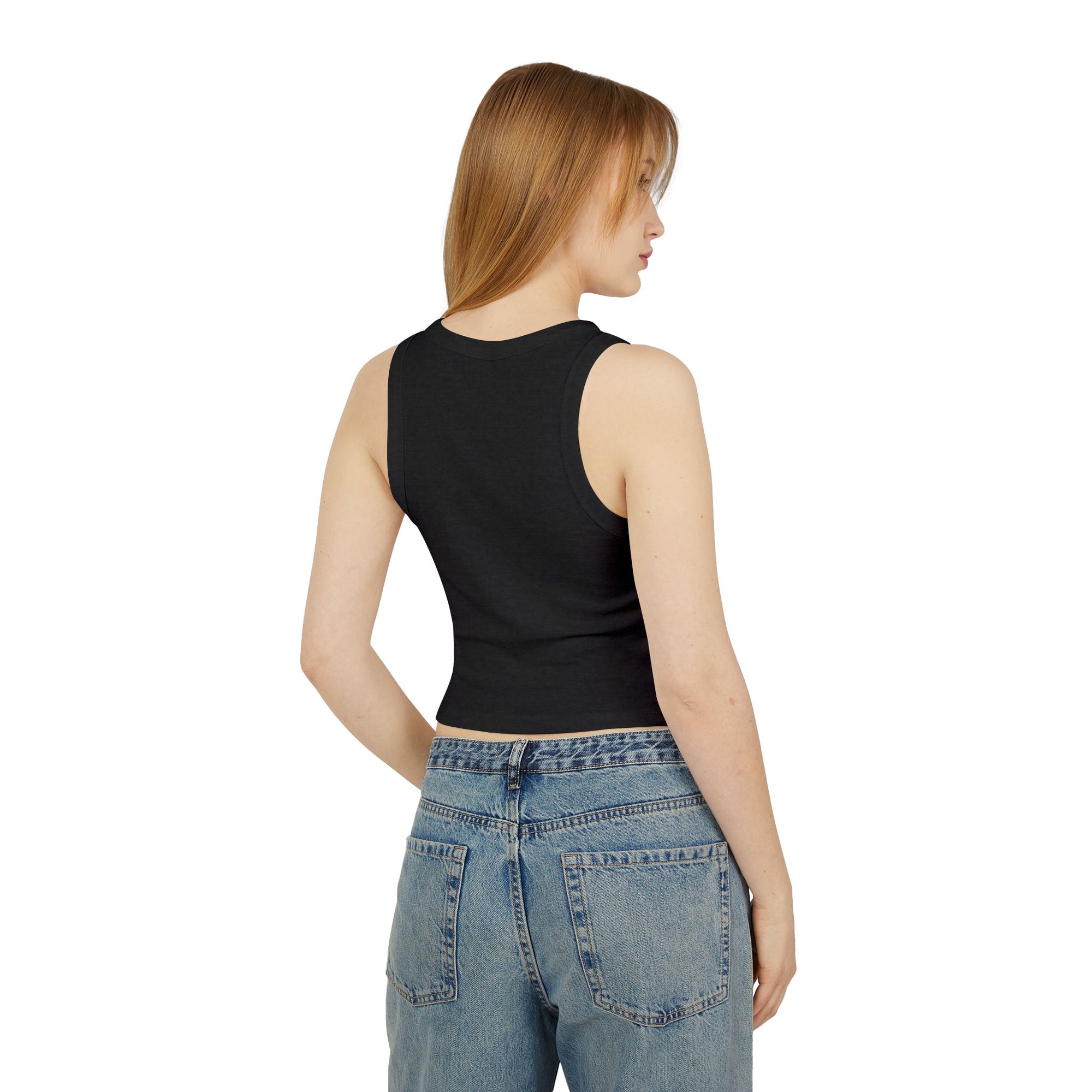 A chic black cropped tank top featuring the elegant 'Soul Art' logo in a vibrant orange font on the chest on a mockup of a girl. This minimalist design exudes sophistication while celebrating creativity and individuality.