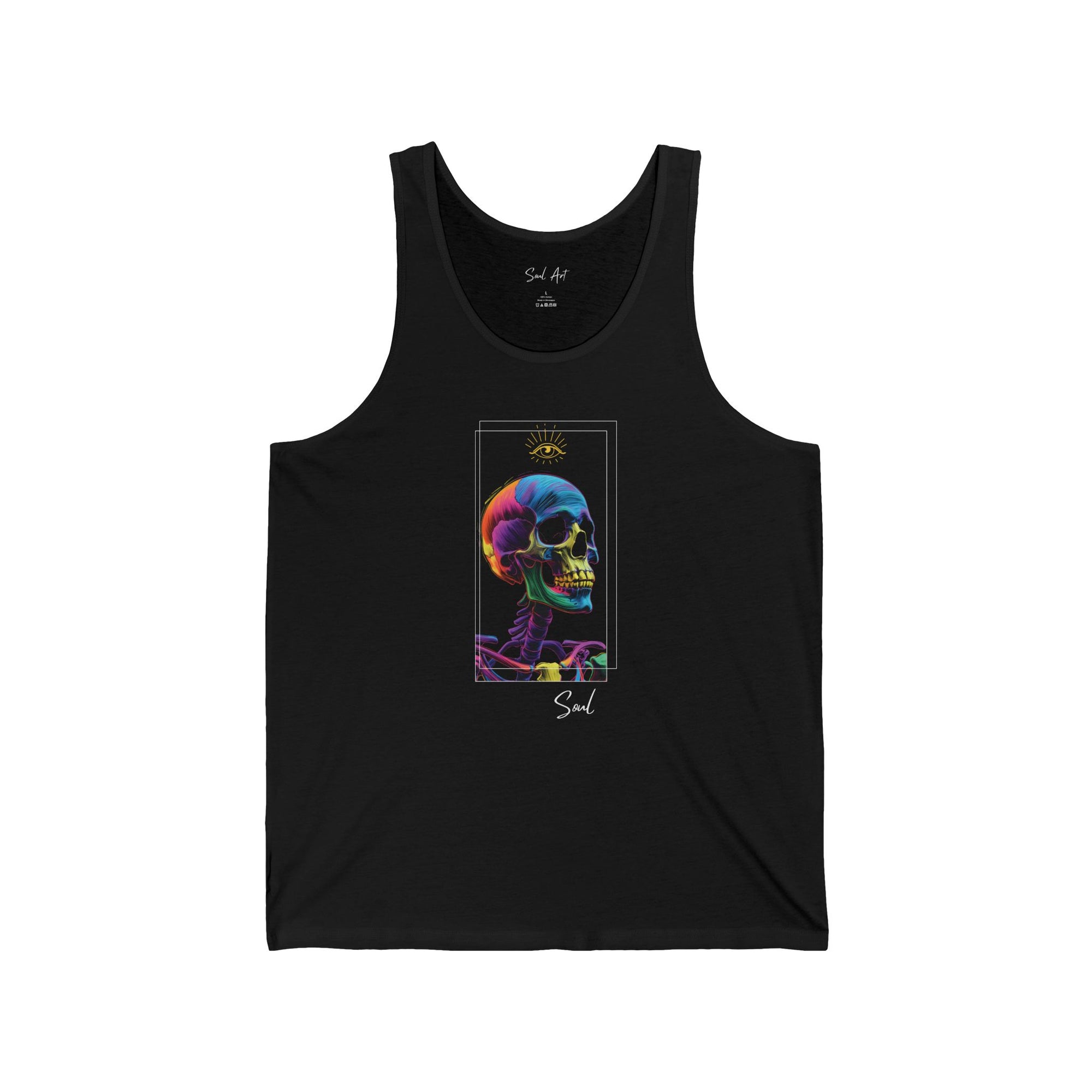 A sleek black tank top showcasing a vibrant, artistic depiction of a skull illuminated with neon hues, paired with a radiant celestial symbol above. This design, titled 'Eternal Soul,' represents the timeless and infinite nature of the human spirit.