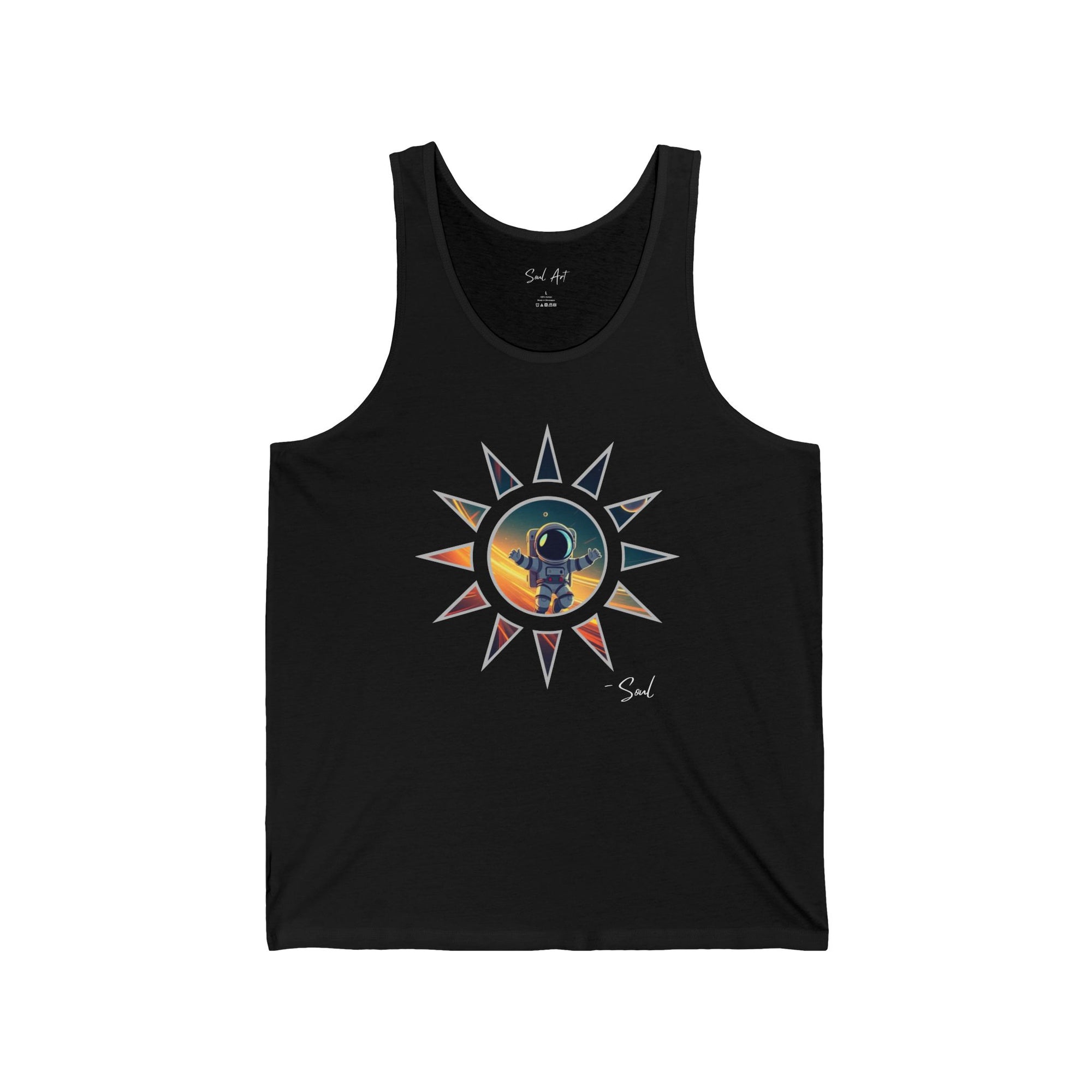 A black tank top featuring a mesmerizing design of a mini astronaut standing within a cosmic sunburst, symbolizing exploration and spirituality. This artistic piece blends celestial wonder with a sense of universal connection, making it both inspiring and stylish.