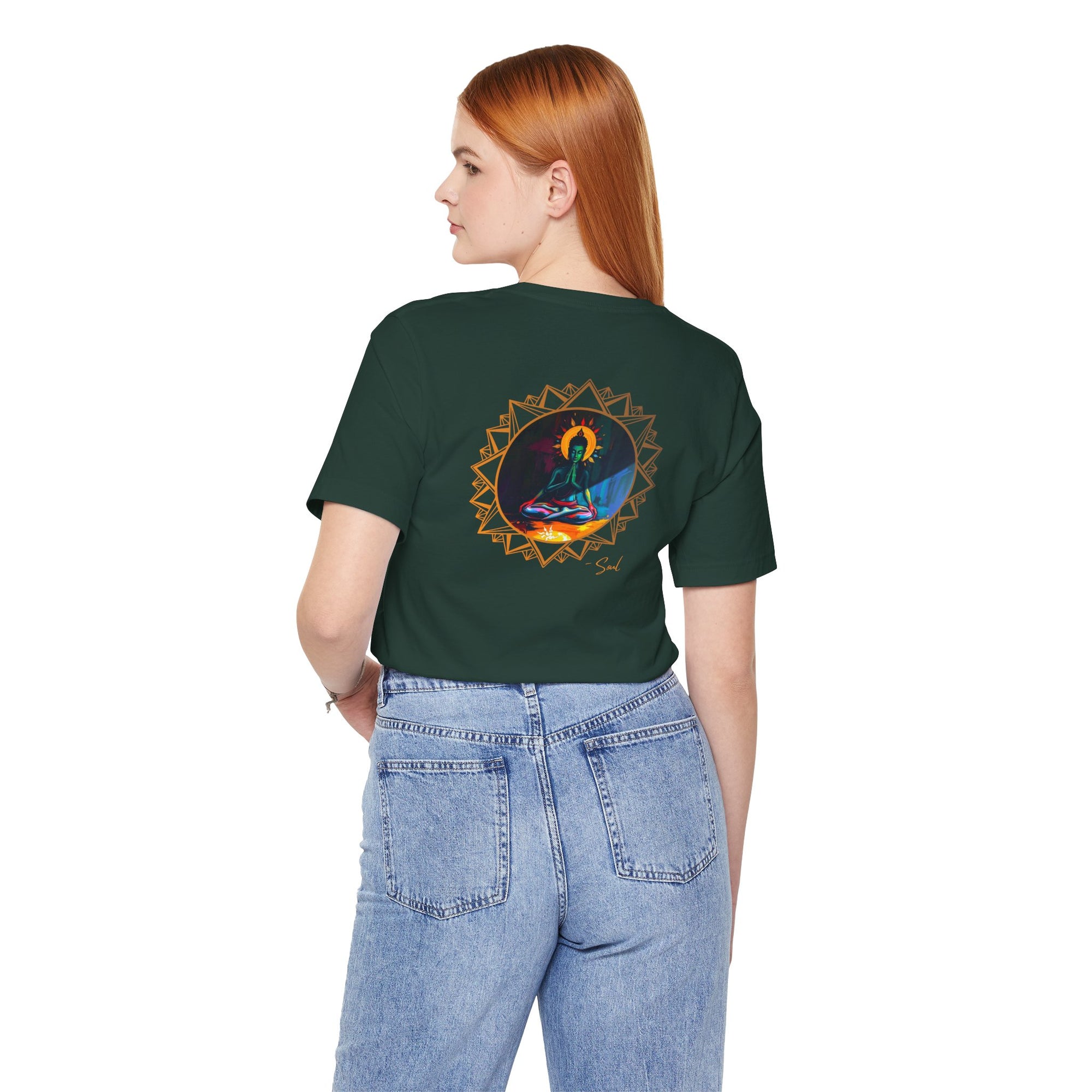 Soft cotton t-shirt featuring vibrant Krishna and mandala artwork.