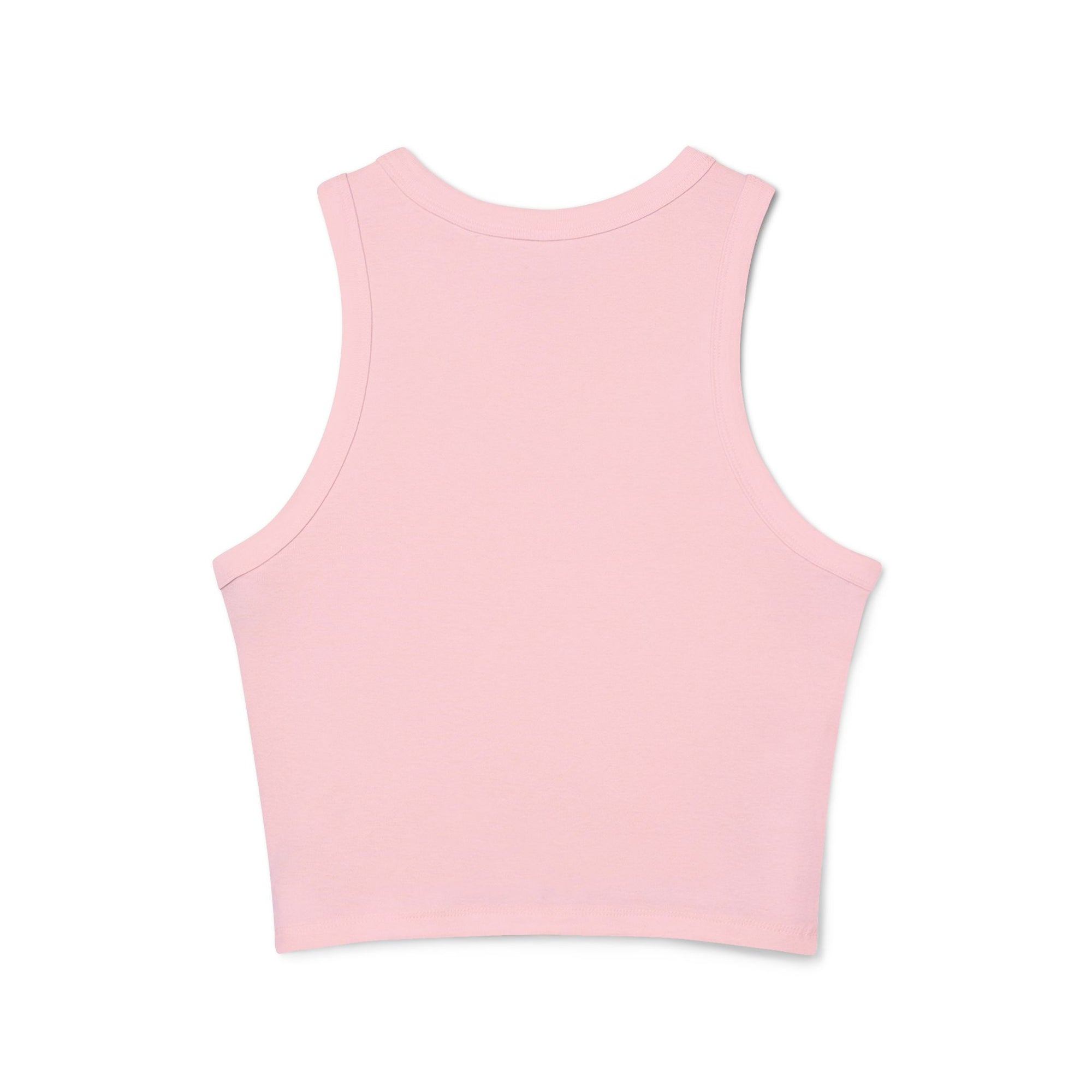 A chic pink cropped tank top featuring the elegant 'Soul Art' logo in a vibrant orange font on the chest. This minimalist design exudes sophistication while celebrating creativity and individuality.