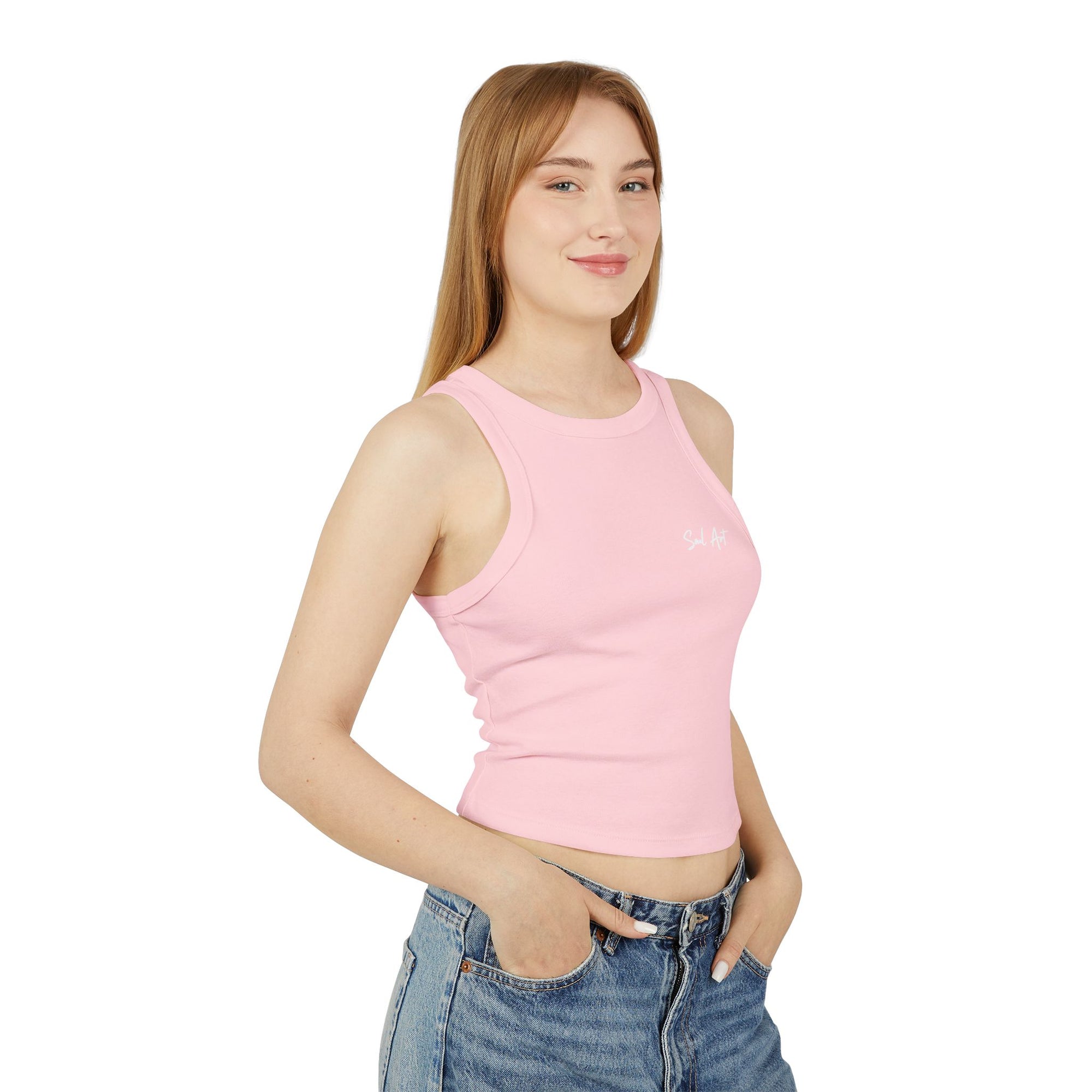 A chic pink cropped tank top featuring the elegant 'Soul Art' logo in a vibrant orange font on the chest of a mockup of a girl. This minimalist design exudes sophistication while celebrating creativity and individuality.