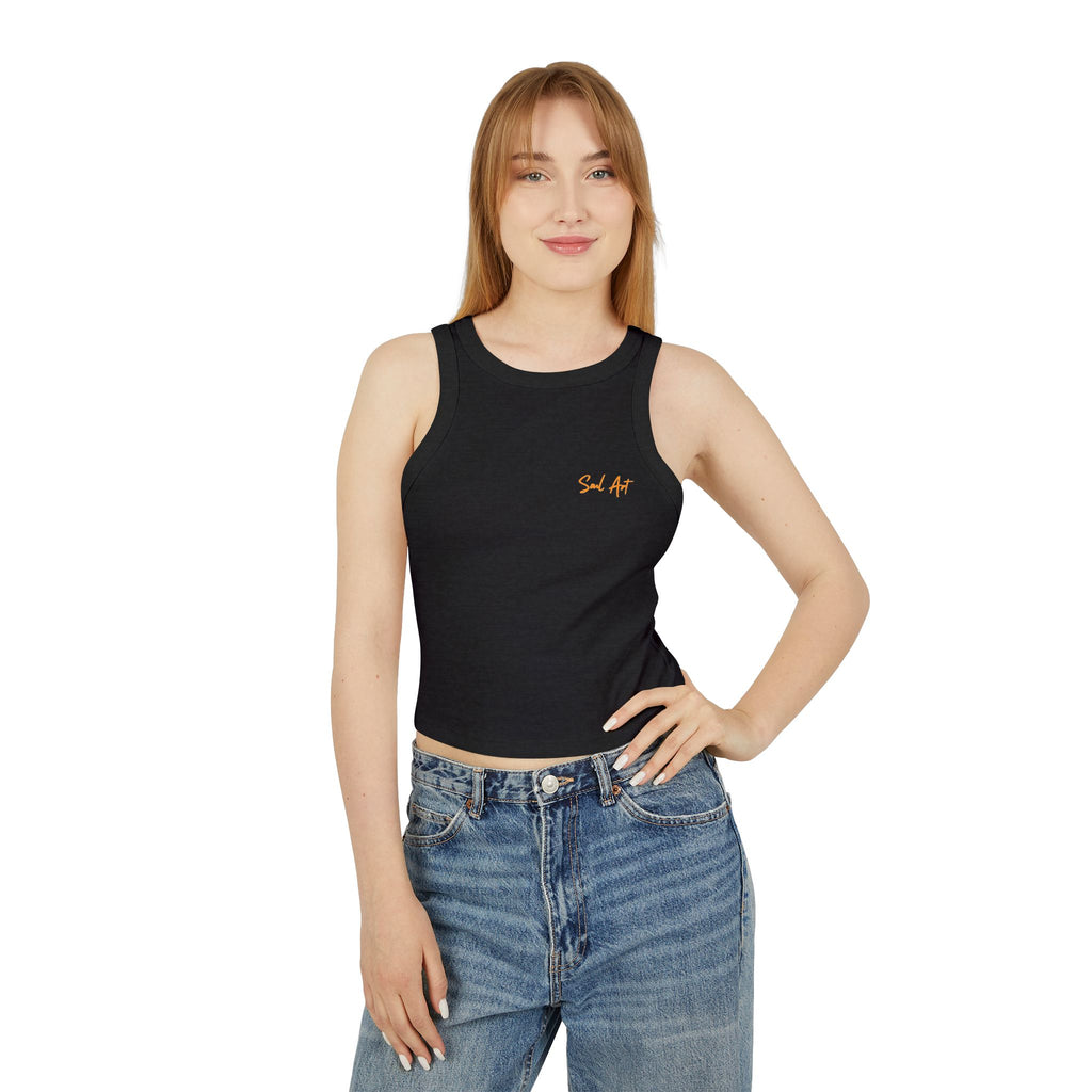 A chic black cropped tank top featuring the elegant 'Soul Art' logo in a vibrant orange font on the chest on a mockup of a girl. This minimalist design exudes sophistication while celebrating creativity and individuality.