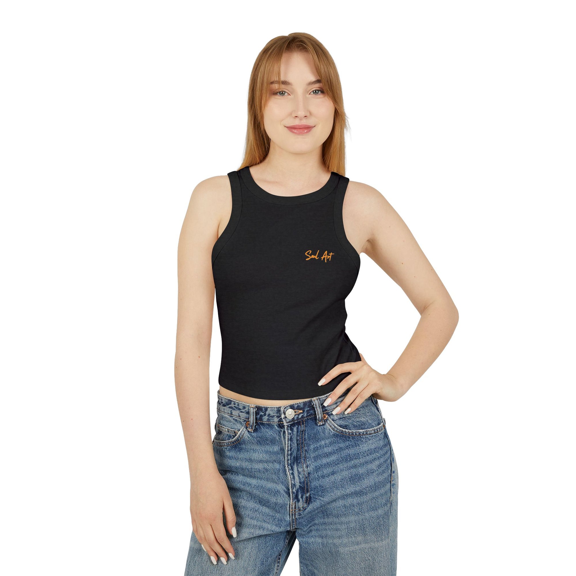 A chic black cropped tank top featuring the elegant 'Soul Art' logo in a vibrant orange font on the chest on a mockup of a girl. This minimalist design exudes sophistication while celebrating creativity and individuality.