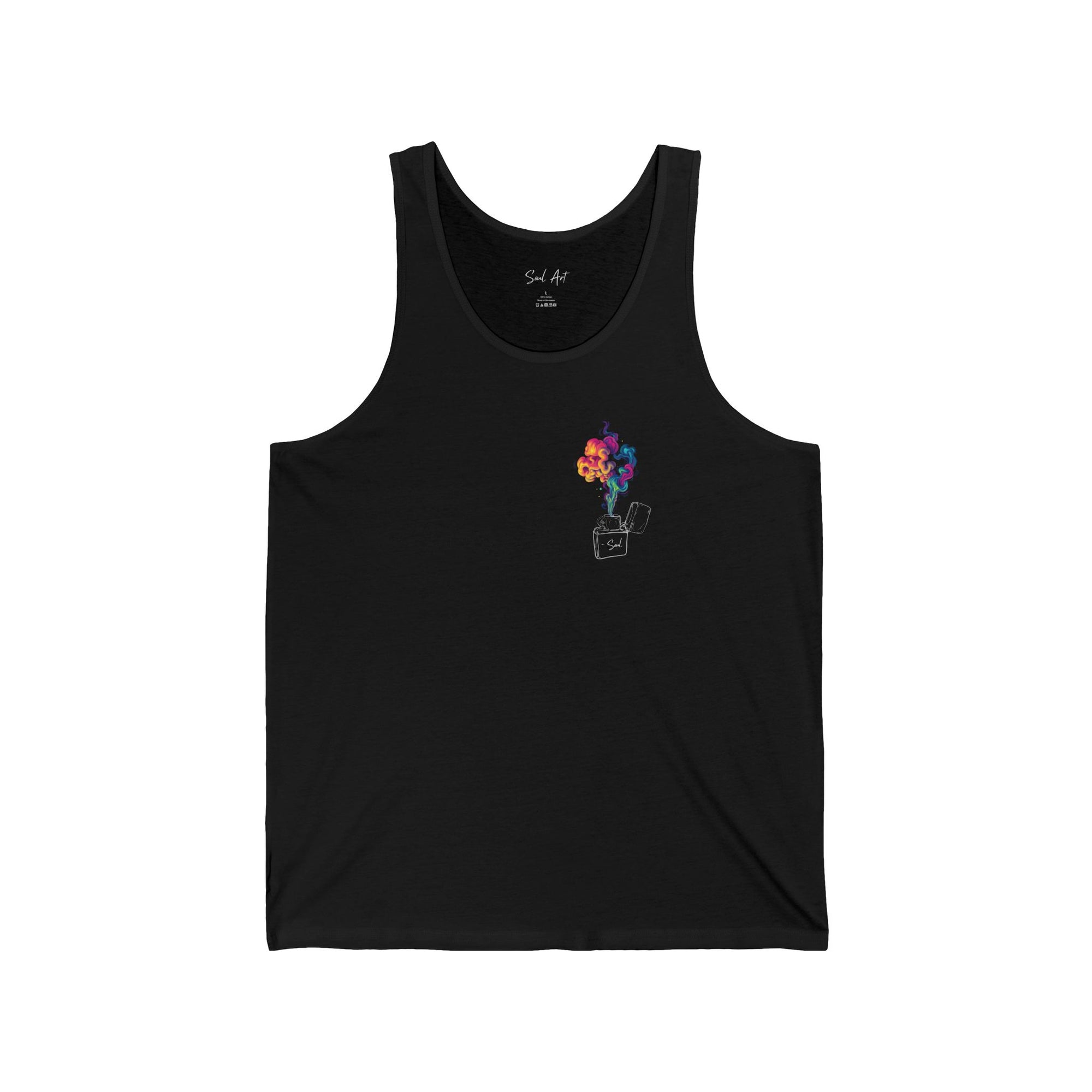 A minimalist black tank top featuring a small yet vibrant design of a figure holding a colorful, fiery burst, symbolizing igniting your inner passion. This 'Spark Up Your Inner Flame' design encourages self-expression and embracing your unique energy.
