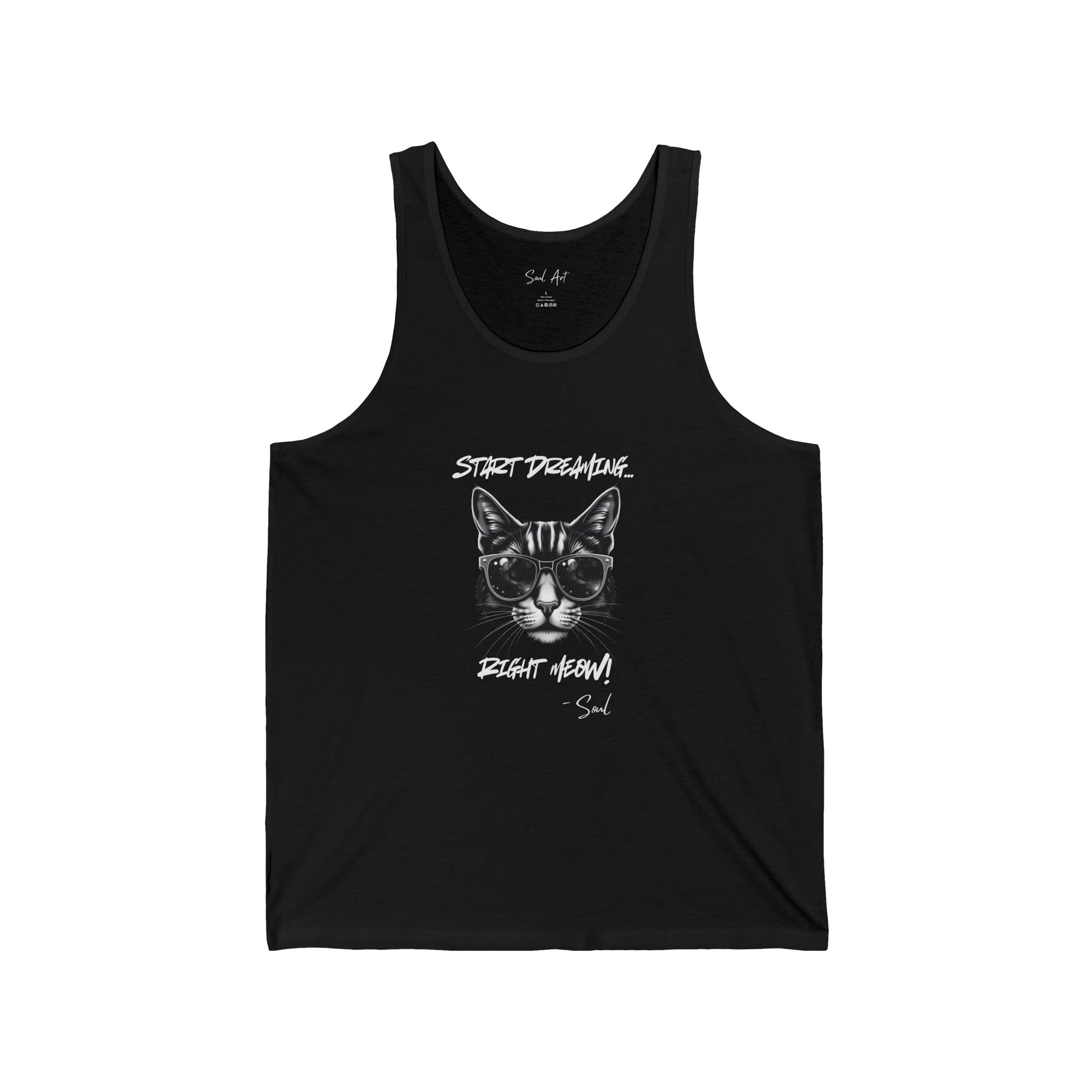 A stylish black tank top featuring a playful yet spiritual design of a cat wearing sunglasses, paired with the whimsical phrase 'Start Dreaming Right Meow.' This fun and inspiring piece blends humor with a message of mindfulness and creativity.