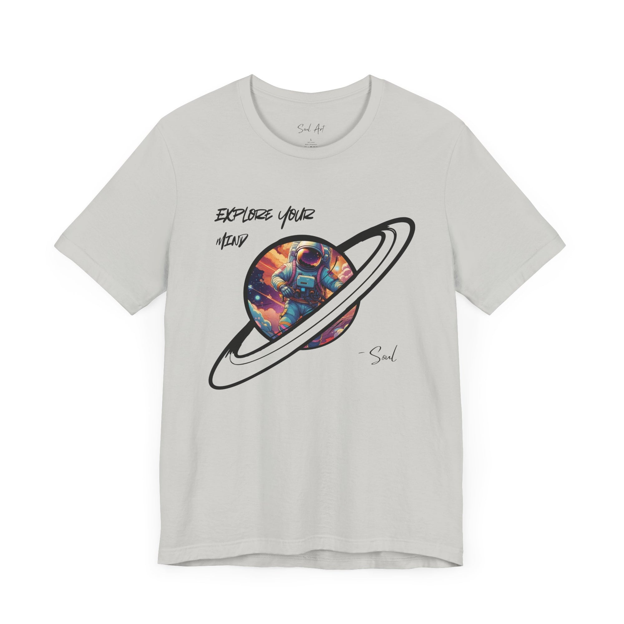 Boho-inspired cotton t-shirt with vibrant astronaut artwork.