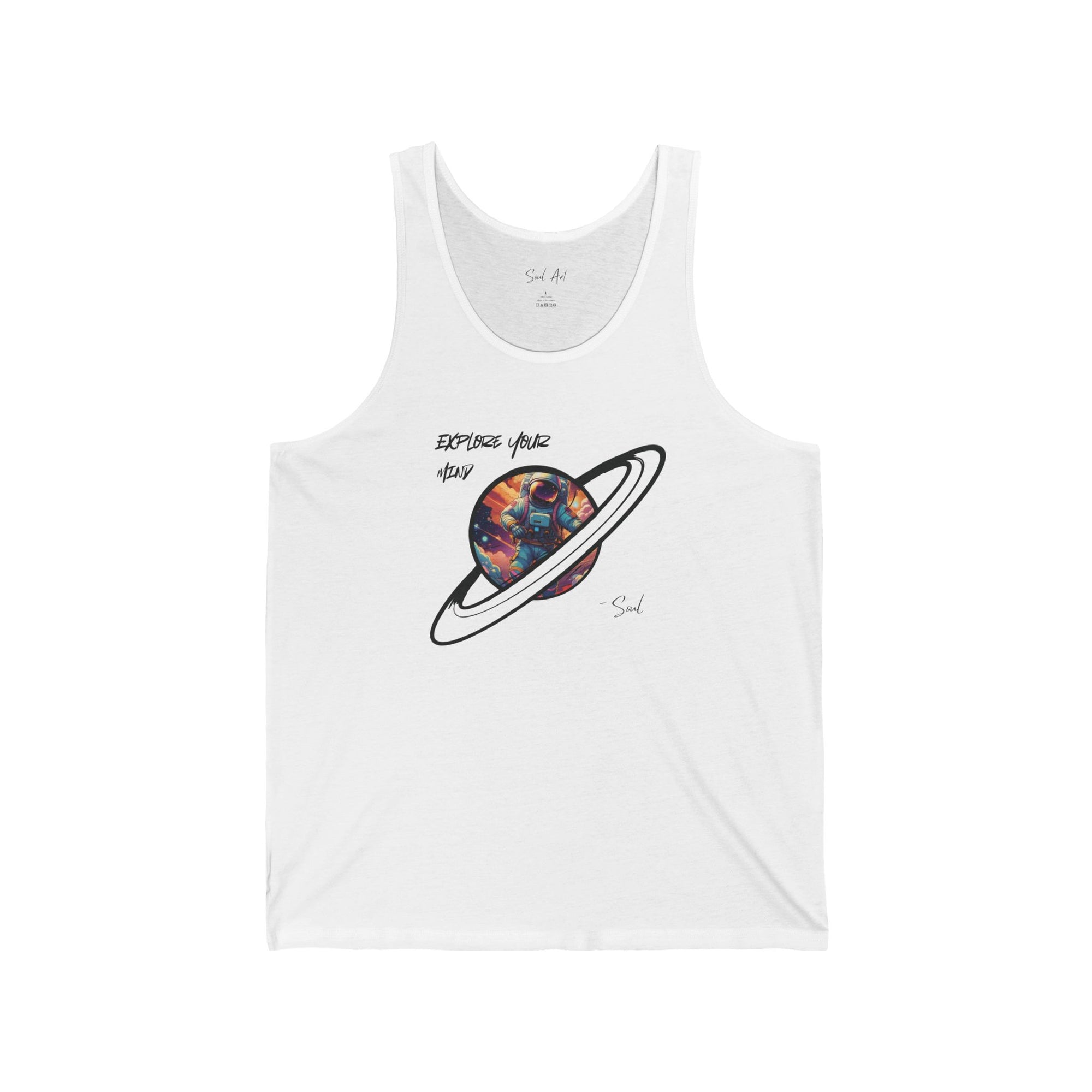  crisp white tank top featuring a captivating design of a colorful planet encircled by rings, accompanied by the inspiring phrase 'Explore Your Mind.' This piece encourages curiosity and self-discovery, making it perfect for those seeking to connect with their inner universe.