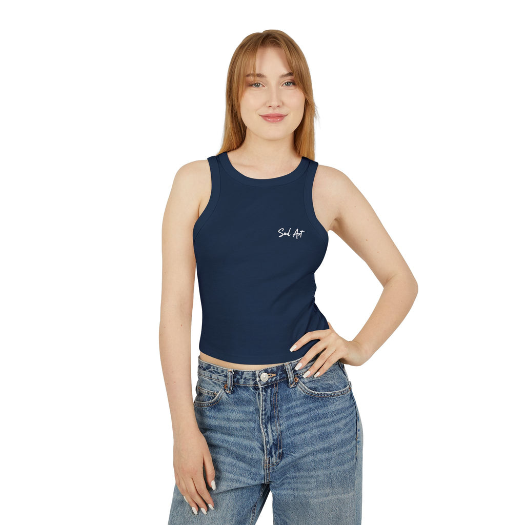 A chic navy blue cropped tank top featuring the elegant 'Soul Art' logo in a vibrant orange font on the chest of a mockup of a girl. This minimalist design exudes sophistication while celebrating creativity and individuality.