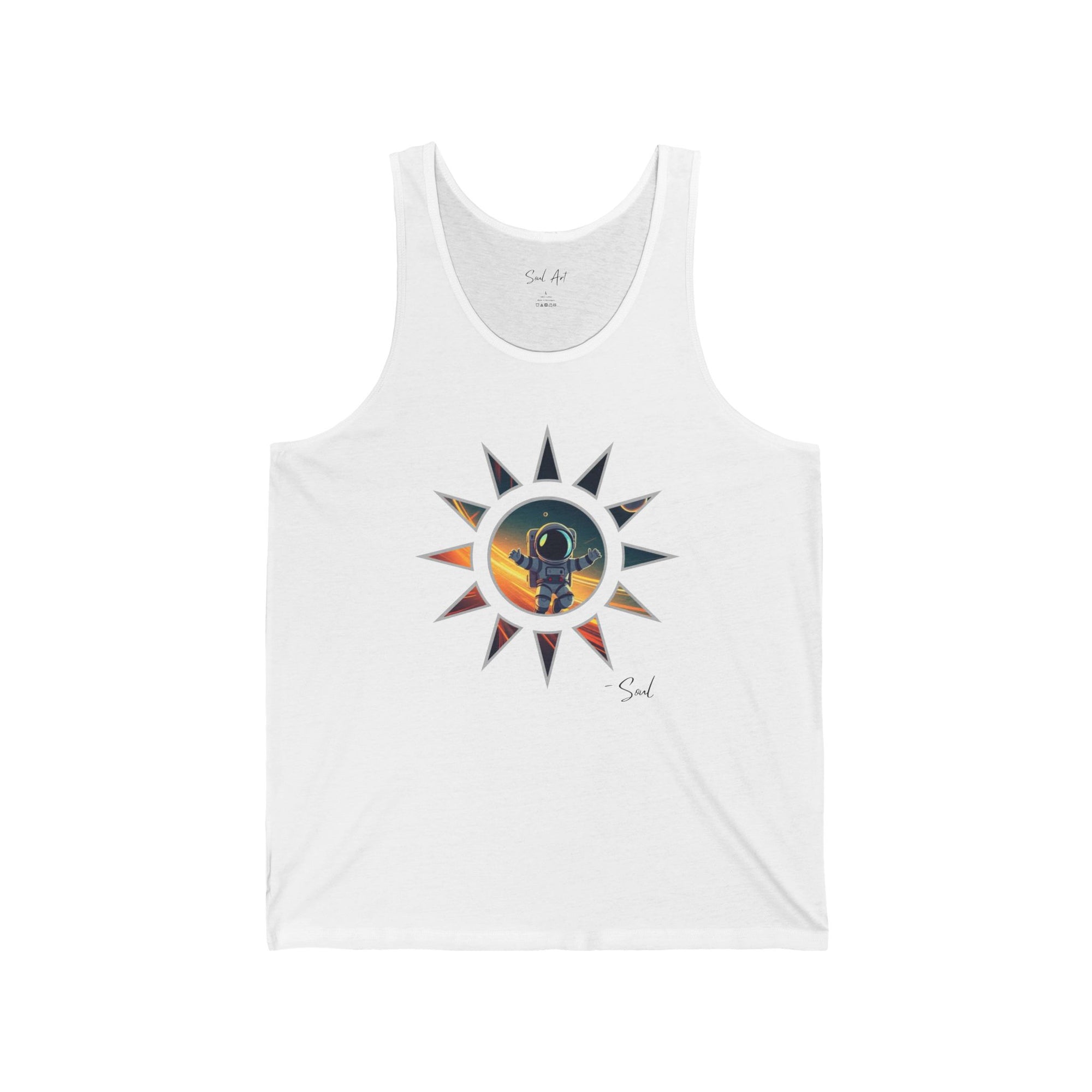 A white tank top featuring a mesmerizing design of a mini astronaut standing within a cosmic sunburst, symbolizing exploration and spirituality. This artistic piece blends celestial wonder with a sense of universal connection, making it both inspiring and stylish.