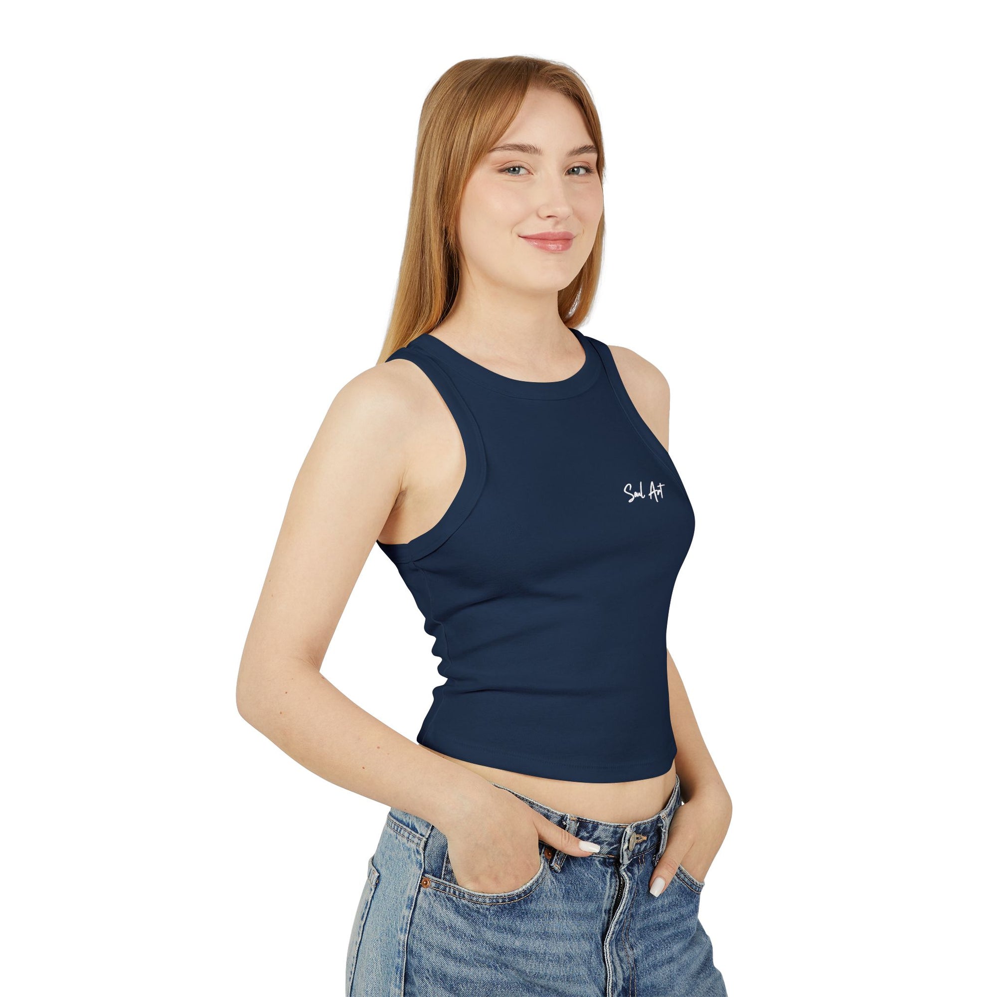 A chic navy blue cropped tank top featuring the elegant 'Soul Art' logo in a vibrant orange font on the chest of a mockup of a girl. This minimalist design exudes sophistication while celebrating creativity and individuality.