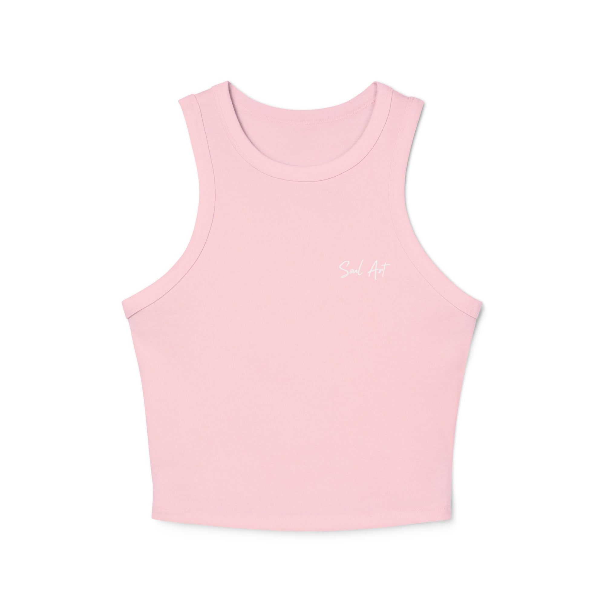 A chic pink cropped tank top featuring the elegant 'Soul Art' logo in a vibrant orange font on the chest. This minimalist design exudes sophistication while celebrating creativity and individuality.