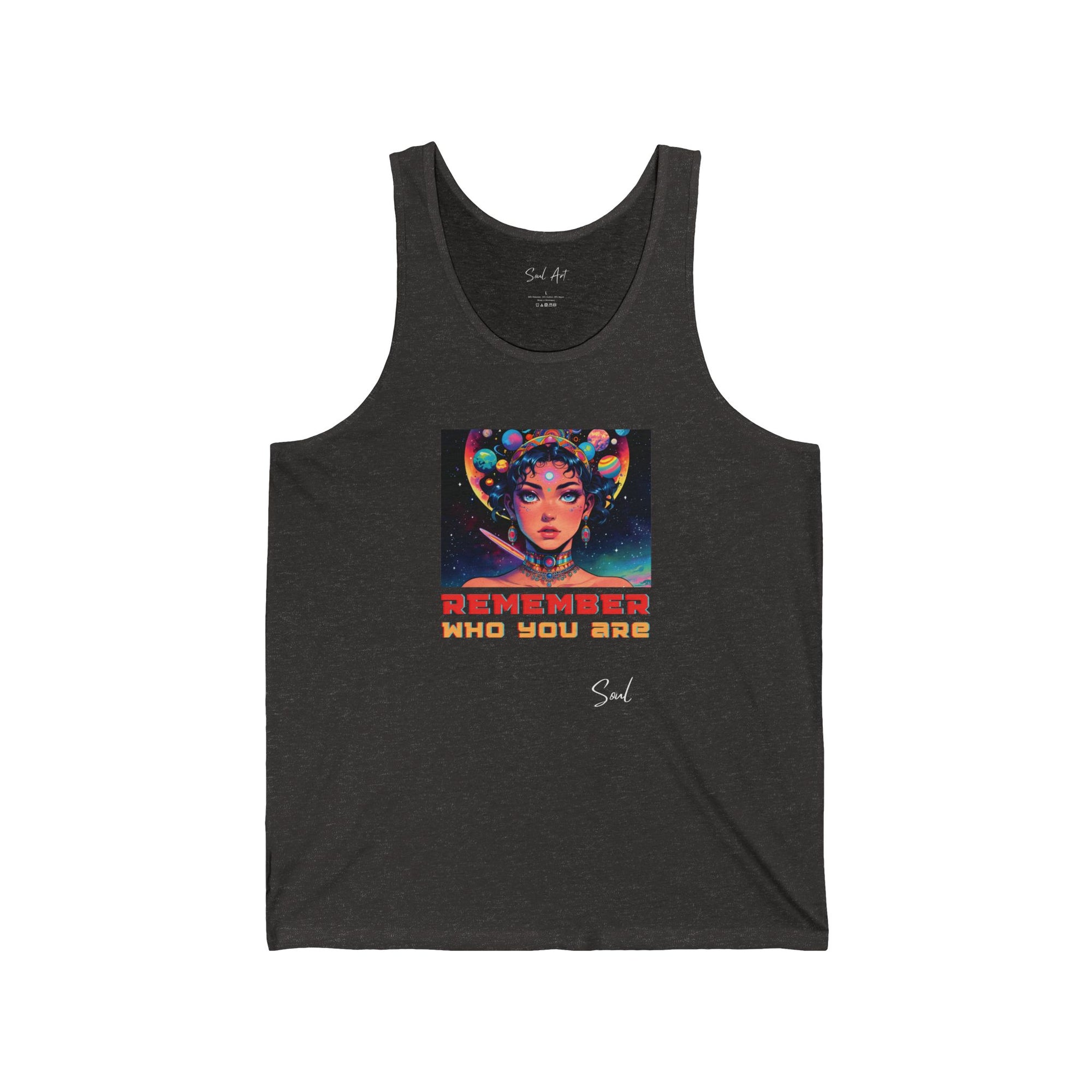 "A sleek gray tank top featuring a bold, colorful design of a cosmic figure with the empowering phrase 'Remember Who You Are.' The vibrant artwork and inspiring message make this piece a statement of self-awareness and individuality.