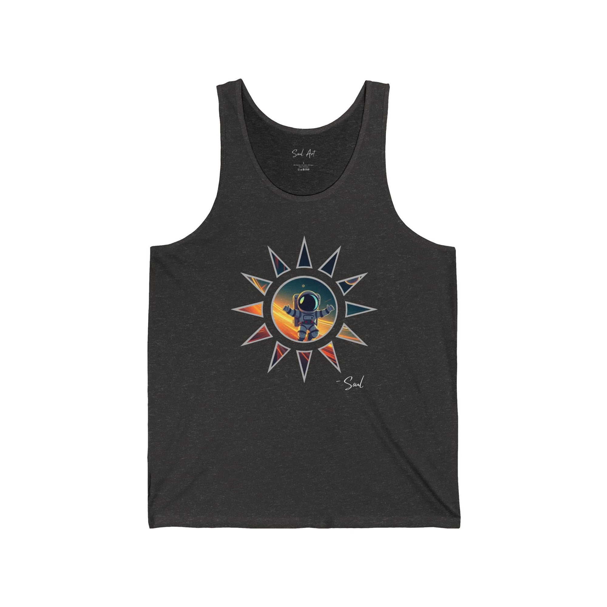 A gray tank top featuring a mesmerizing design of a mini astronaut standing within a cosmic sunburst, symbolizing exploration and spirituality. This artistic piece blends celestial wonder with a sense of universal connection, making it both inspiring and stylish.