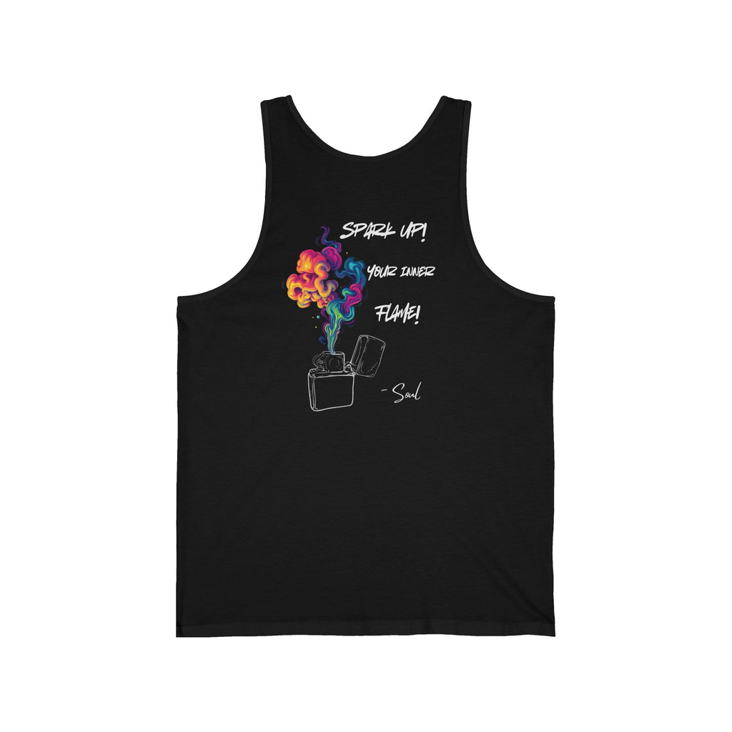 A minimalist black tank top featuring a small yet vibrant design of a figure holding a colorful, fiery burst, symbolizing igniting your inner passion. This 'Spark Up Your Inner Flame' design encourages self-expression and embracing your unique energy.