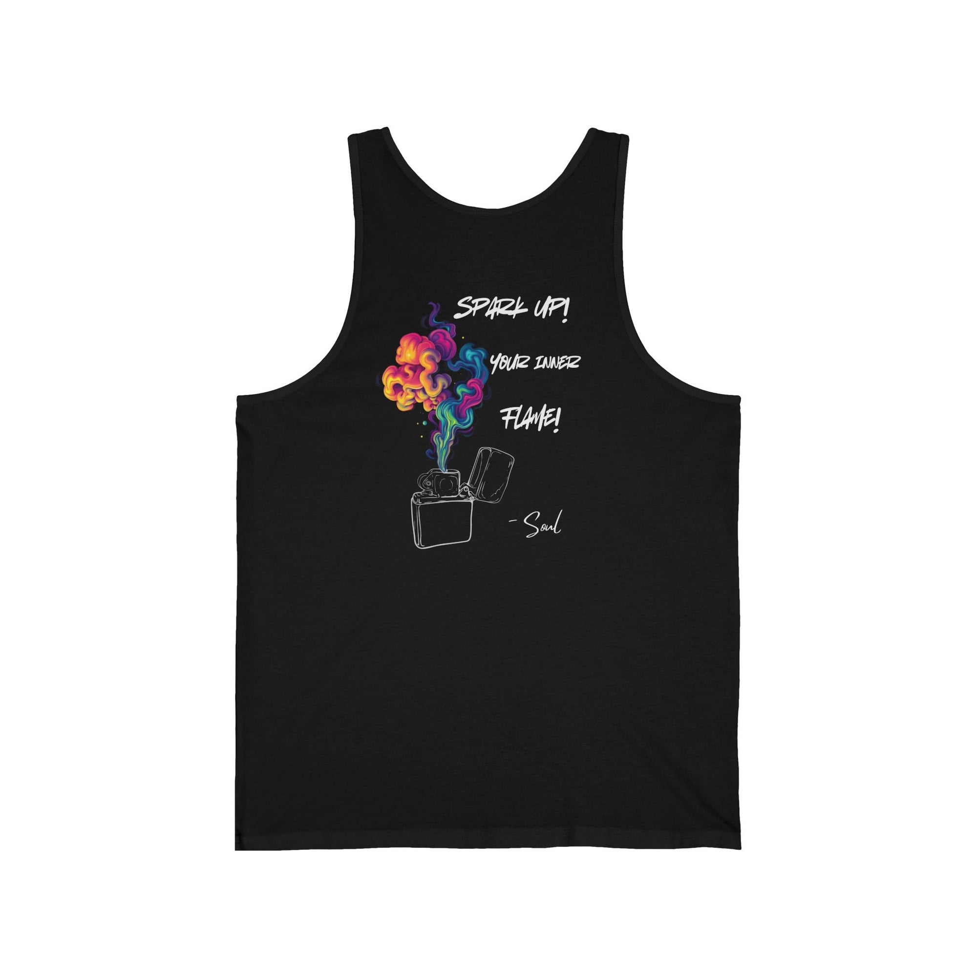 A minimalist black tank top featuring a small yet vibrant design of a figure holding a colorful, fiery burst, symbolizing igniting your inner passion. This 'Spark Up Your Inner Flame' design encourages self-expression and embracing your unique energy.