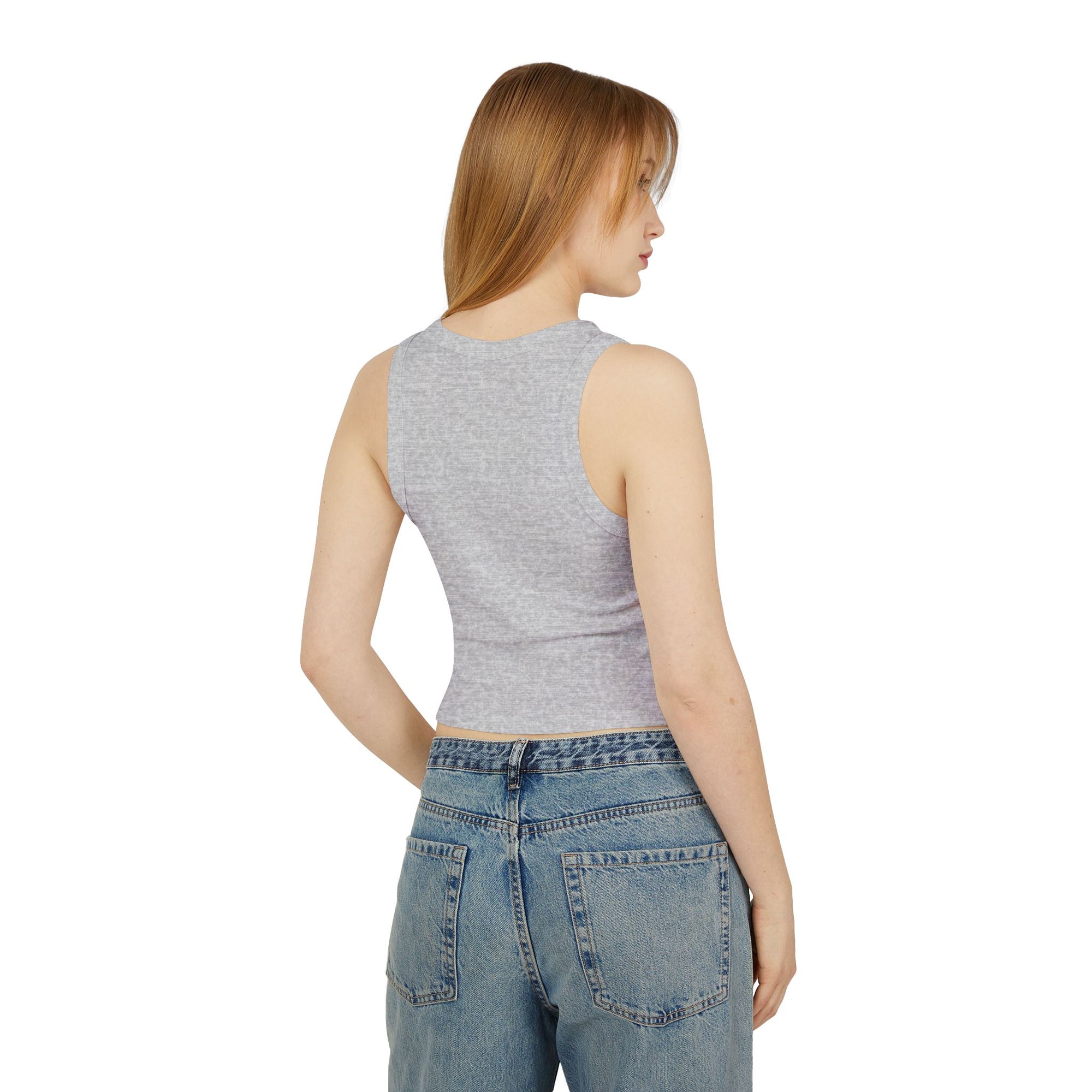 A chic gray cropped tank top featuring the elegant 'Soul Art' logo in a vibrant orange font on the chest of a mockup of a girl. This minimalist design exudes sophistication while celebrating creativity and individuality.