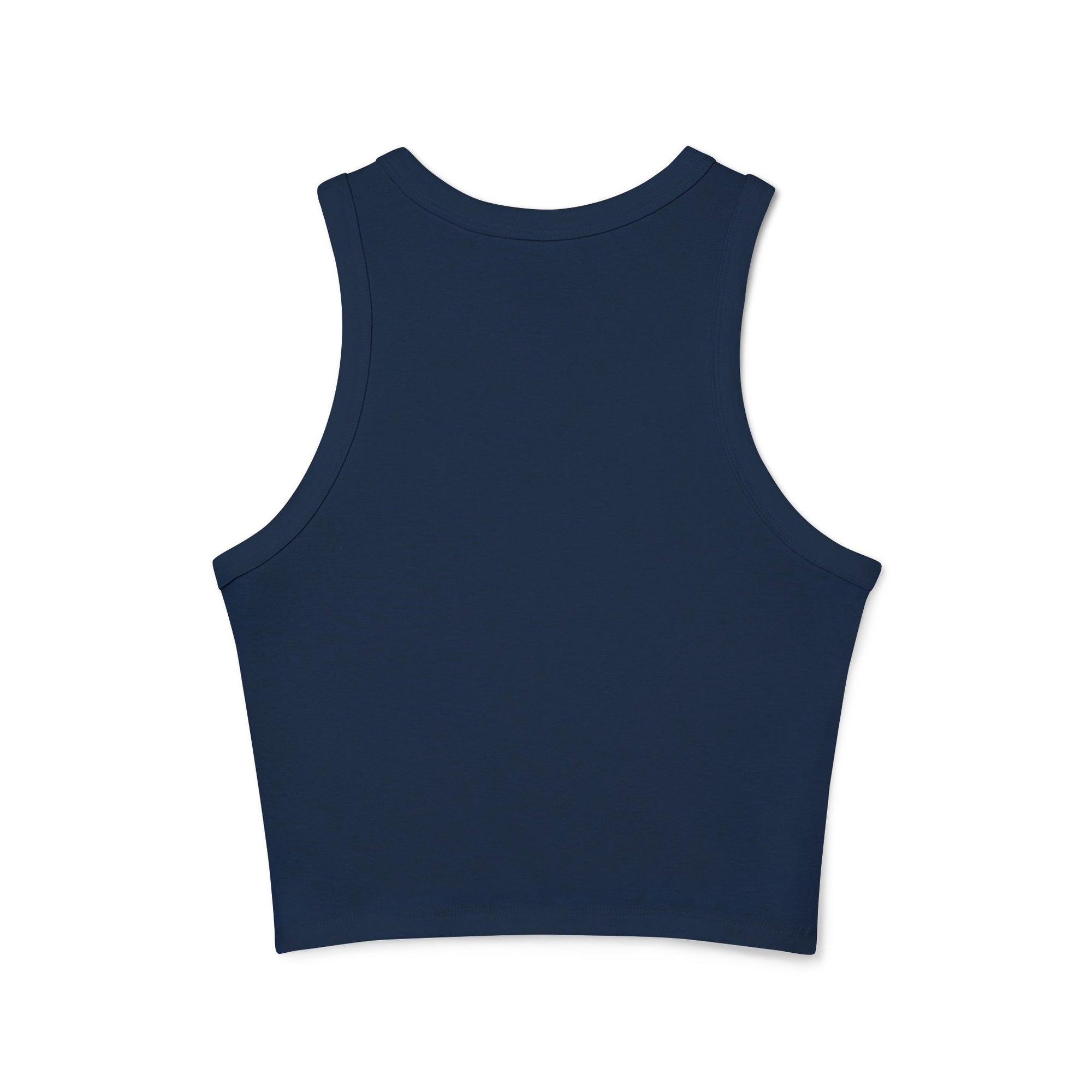 A chic navy blue cropped tank top featuring the elegant 'Soul Art' logo in a vibrant orange font on the chest. This minimalist design exudes sophistication while celebrating creativity and individuality.