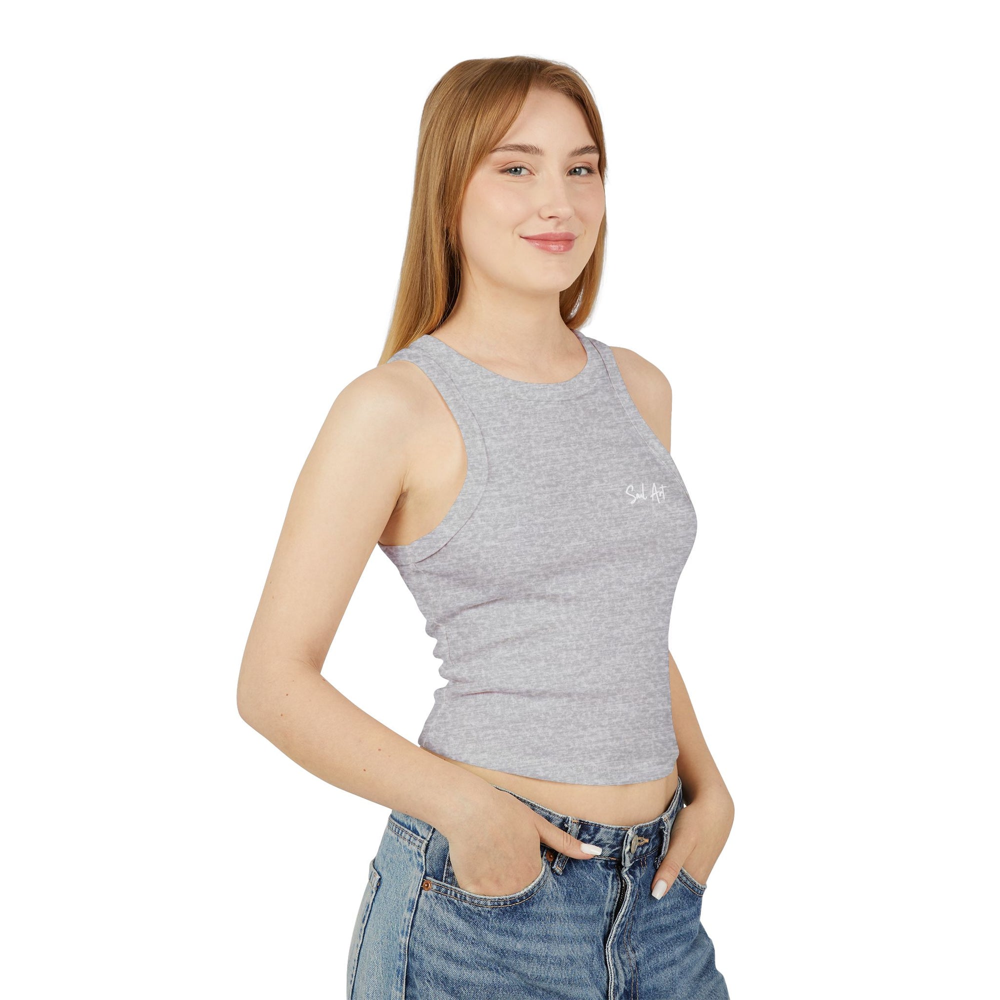 A chic gray cropped tank top featuring the elegant 'Soul Art' logo in a vibrant orange font on the chest of a mockup of a girl. This minimalist design exudes sophistication while celebrating creativity and individuality.